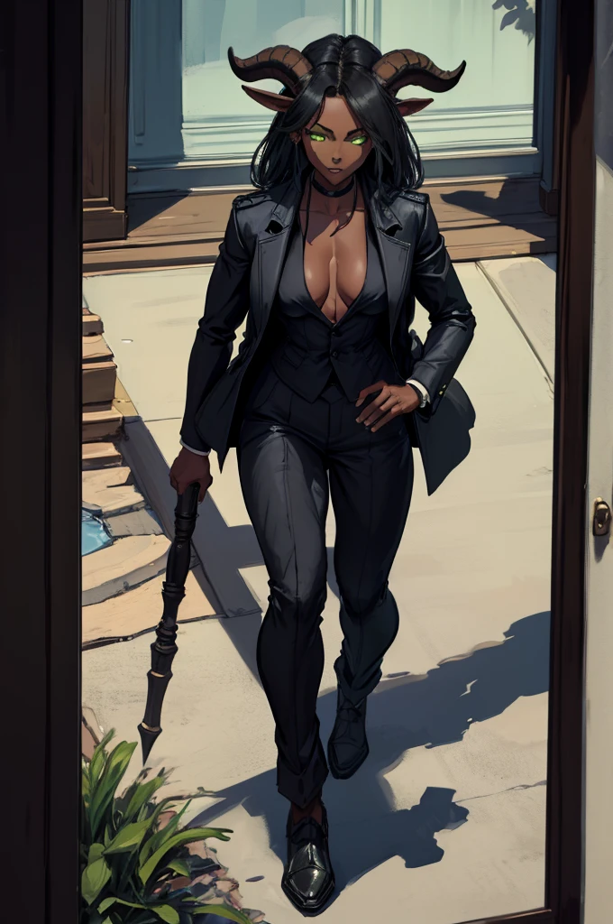 Masterpiece) (High Detail) (High Res) (Black Skin) Looking from above A young black humanoid FutEred with dark skin and ebony flesh and green eyes and short black hair and goat ears and short dark goat horns and a toned body and small to average breasts dressed like a private investigator in a trench coat and a formal suit