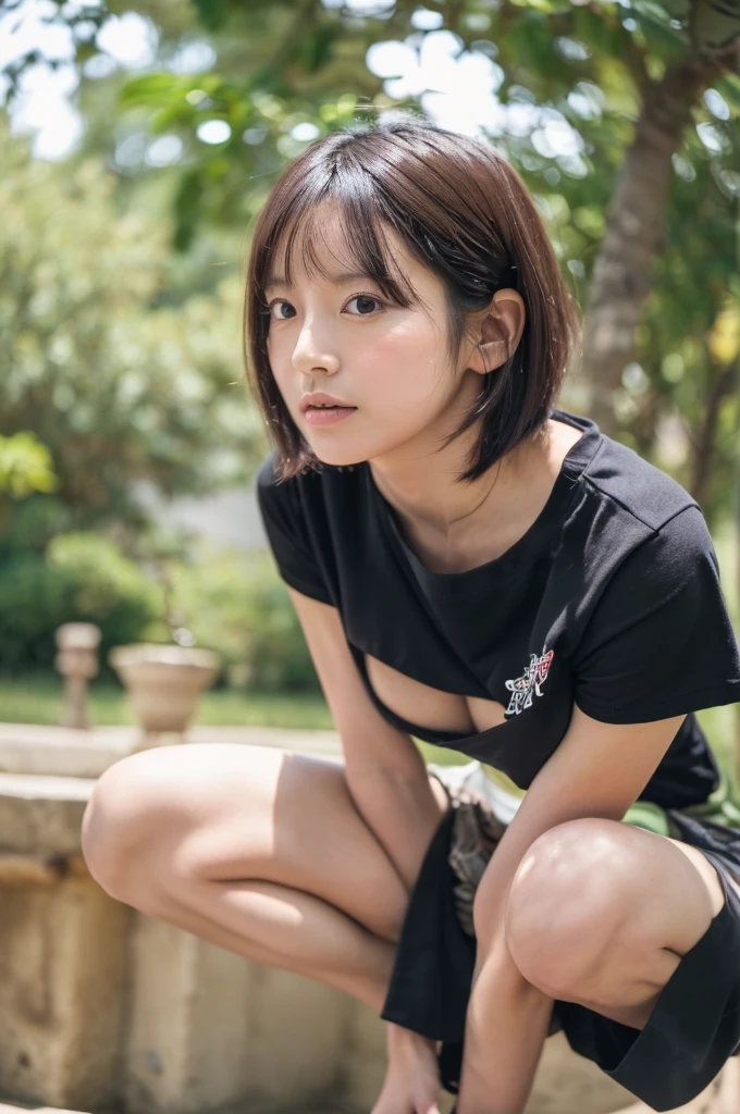 (Best Quality, 8K, 32K, masutepiece, nffsw:1.2),Photo of Pretty Japanese woman,Black short hair,Beauty face,(Leaning forward:1.3),Squatting,(From  above:1.2),(close up:1.4),POV,Loose T-shirt,Big breasts beautiful breasts:0.9),Outdoors,Windy,Shiny skin,Blurry background,