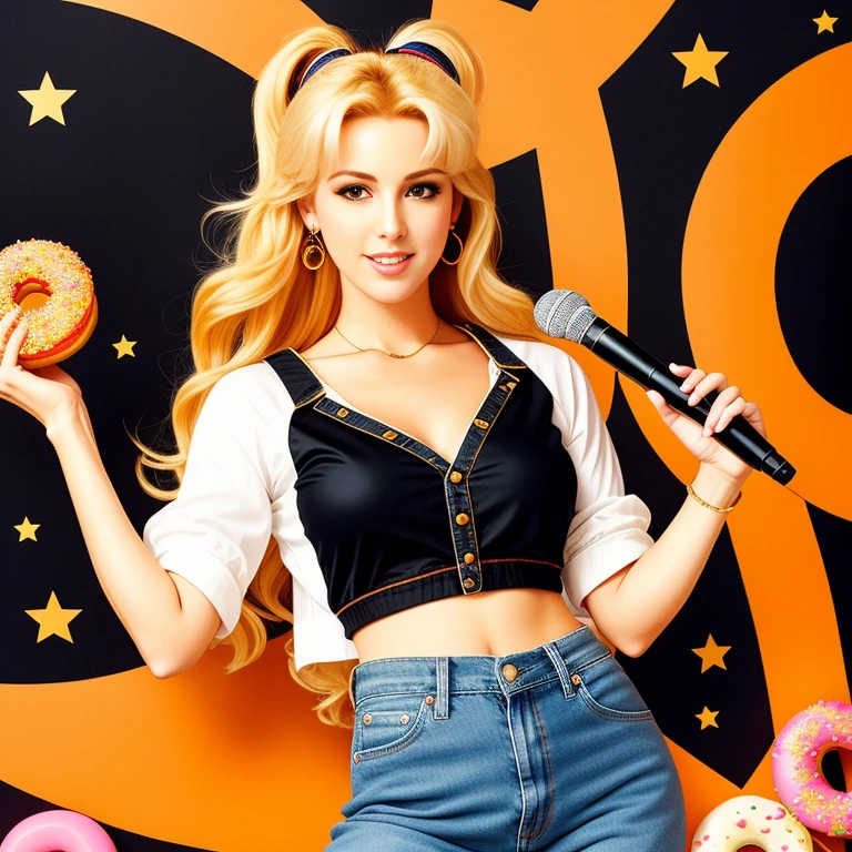 "(Mature and realistic portrayal:1.2) Sailor Moon exuding confidence as she holds a microphone, her blonde hair cascading down, adorned in stylish black orange denim clothes from the 2000s, with a backdrop filled with donuts."