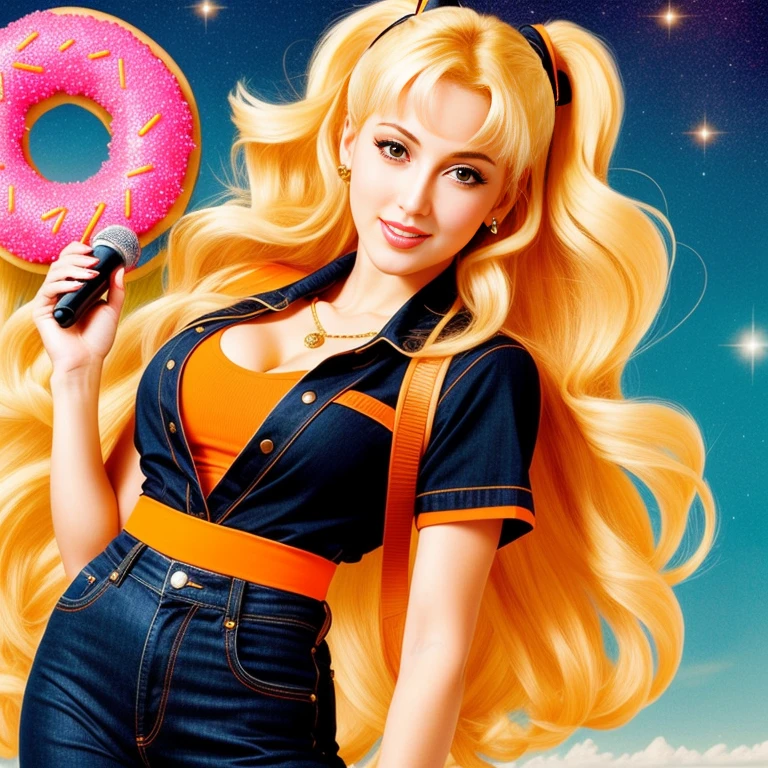 "(Mature and realistic portrayal:1.2) Sailor Moon exuding confidence as she holds a microphone, her blonde hair cascading down, adorned in stylish black orange denim clothes from the 2000s, with a backdrop filled with donuts."
