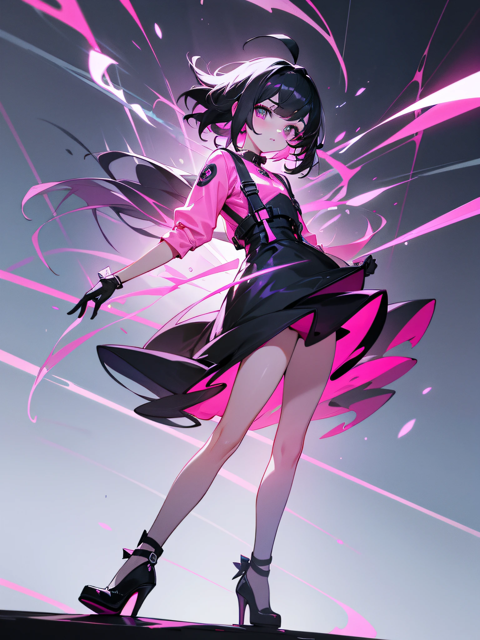 adult lady、Vibrant poses、FULL BODYSHOT、Black Dress、Black pin heels、pink neon on clothes、Black hair、Ahoge、Hair that grows to the waist、Looking at the camera、Overall pink neon atmosphere、Lightning wraps around my body