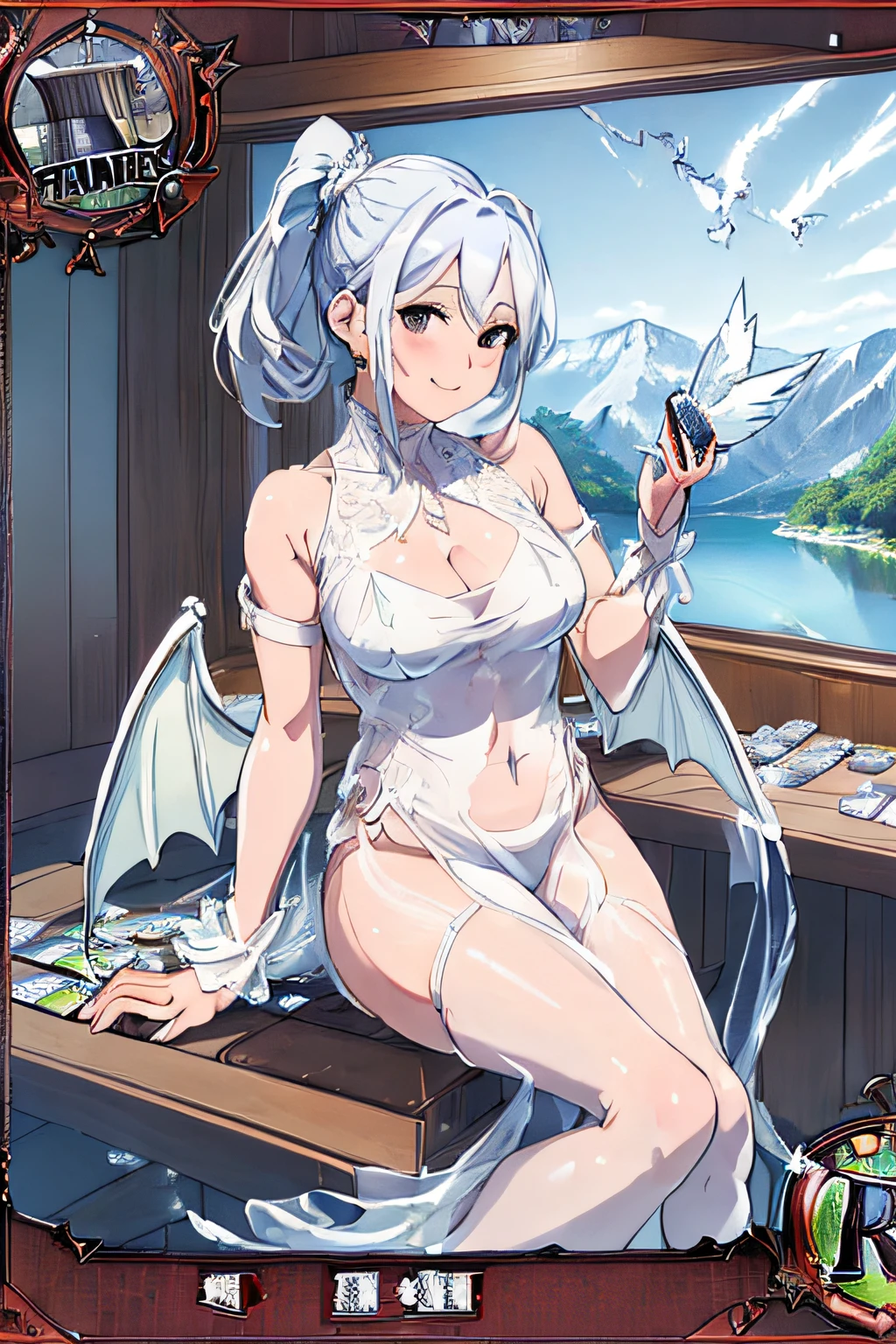 (Trading Card Game Frames:1.7),(Lake in the mountains:1.3),(Sheer and revealing white fluffy outfit:1.3, ),(Angel with glass wings floating on lake:1.3), (Glass Dragon Behind:1.3),Shiny Silver Shorthair,disheveled ponytail,Cute smile,Perfect round face,Black eyes,A cheerful smile that makes the viewer happy,Proper body proportion,Intricate details,Very delicate and beautiful hair,photos realistic,Dreamy,Professional Lighting,realistic shadow,Solo Focus,Beautiful hands,Beautiful fingers,Detailed finger features,detailed clothes features,Detailed hair features,detailed facial features,top-quality,Ultra-high resolution output image,) ,(The 8k quality,),(Image Mode Ultra HD,),(Image Mode Ultra HD,),Science fiction fantasy