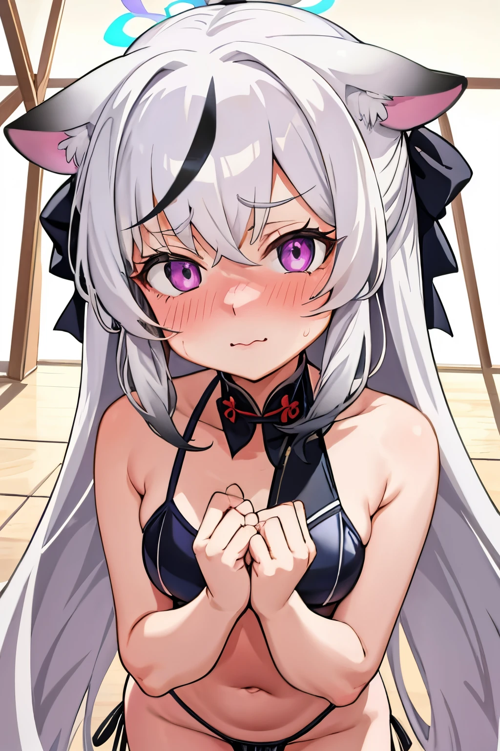 1girl, kokona, indoors, purple eyes, white hair, :3 mouth, embarrassed, beautiful eyes, beautiful lips, shiny lips, extremely detailed eyes and face, long eyelashes, close-up, warm lighting, vibrant colors, looking at the viewer, embarrassed look, blush, in a bikini, on the beach