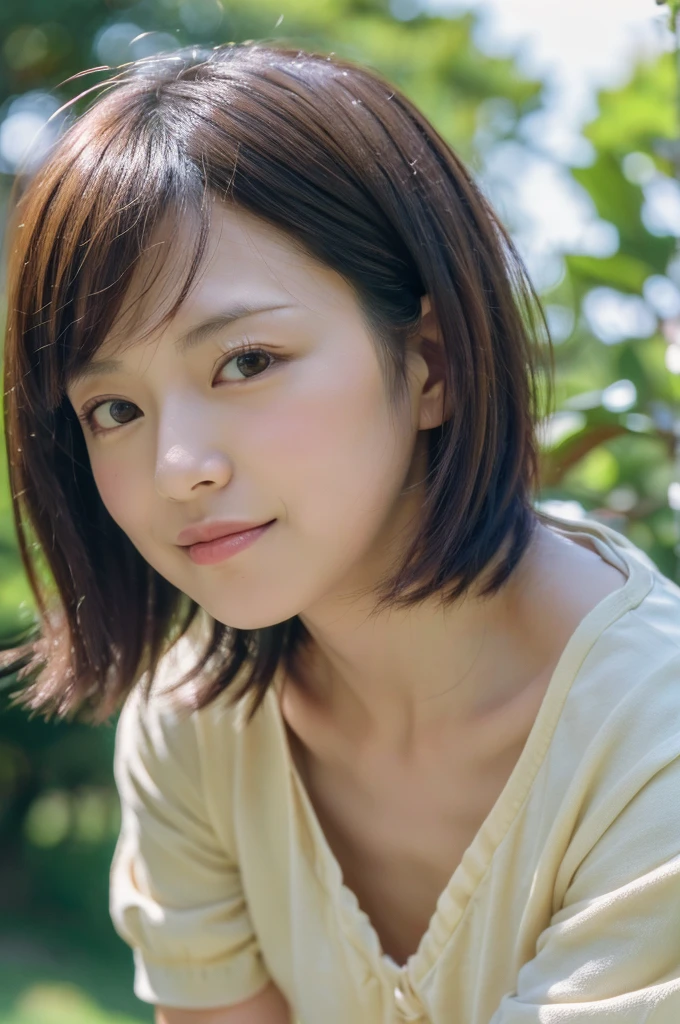 (Best Quality, 8K, 32K, masutepiece, nffsw:1.2),Photo of Pretty Japanese woman,Black short hair,Beauty face,(Leaning forward:1.3),Squatting,(From above:1.2),(close up:1.4),POV,Loose T-shirt,Big breasts beautiful breasts:0.9),Outdoors,Windy,Shiny skin,Blurry background,