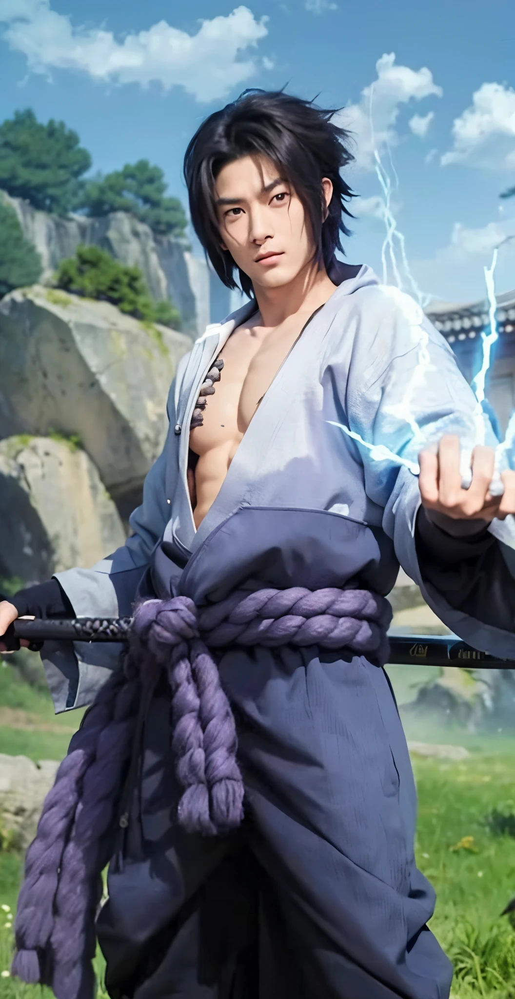 Real life adaption of this character , Korean handsome face, same spiky hair, there big rope purple on his waist ,there a katana on his waist on the back, holding realistic A bolt of electricity emerged from his hand (realistic same outfit),realistic scenery background , realistic light, realistic shadow, realism, hyper realistic,(photorealistic:1.2), normal small eyes, muscular man body
