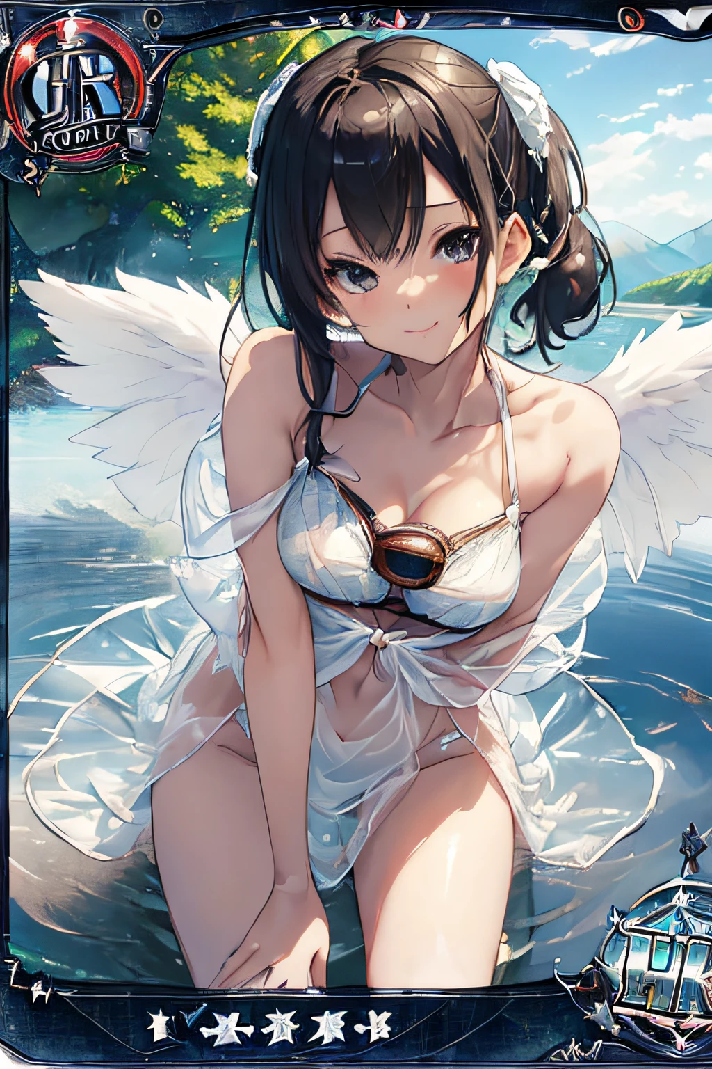 (Trading Card Game Frames:1.7),(Lake in the mountains:1.3),(Sheer and revealing white fluffy outfit:1.3, ),(Angel with glass wings floating on lake:1.3), (Glass Dragon Behind:1.3),Shiny Silver Shorthair,disheveled ponytail,Cute smile,Perfect round face,Black eyes,A cheerful smile that makes the viewer happy,Proper body proportion,Intricate details,Very delicate and beautiful hair,photos realistic,Dreamy,Professional Lighting,realistic shadow,Solo Focus,Beautiful hands,Beautiful fingers,Detailed finger features,detailed clothes features,Detailed hair features,detailed facial features,top-quality,Ultra-high resolution output image,) ,(The 8k quality,),(Image Mode Ultra HD,),(Image Mode Ultra HD,),Science fiction fantasy