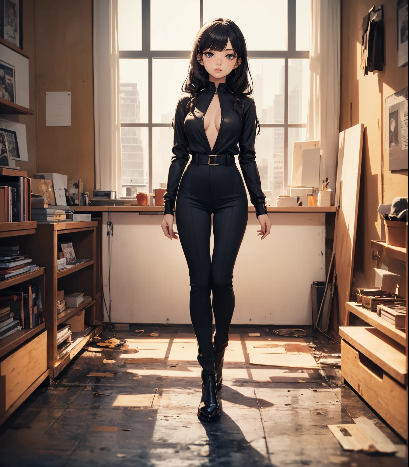 (masterpiece, best quality), beautiful woman, 23 years, soft light, black jumpsuit, silver sequin, glitter, cleveage, long hair, long twintails, hairbows, black hair, alluring, big georgeous eyes, soft smile, perfect slim fit body, realistic background, empty apartment, standing, realistic background, bright colors, (risograph), full body shot, fullbody, medium breasts, solo, cleveage, sexy