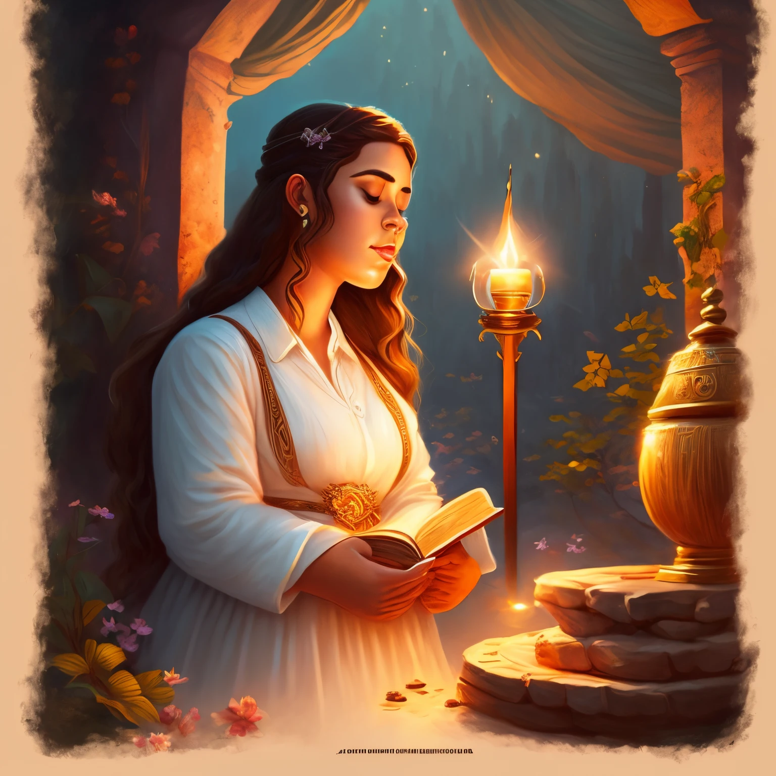 "Desenhe uma cena encantadora de uma jovem garota de joelhos, em um estilo inspirado na magia da Disney, delivering your prayers in a moment of serenity and faith."