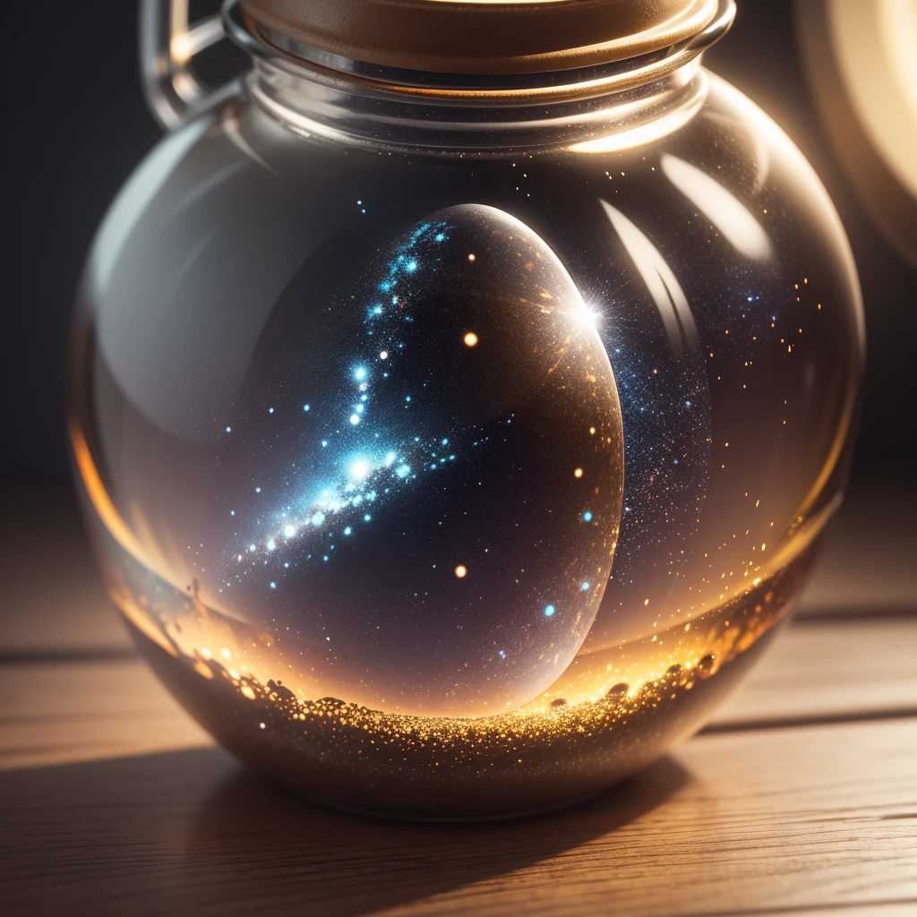 Detailed depiction of a glass bottle containing miniature scale galaxies, ultra-high definition, Unreal Engine, Octane Render