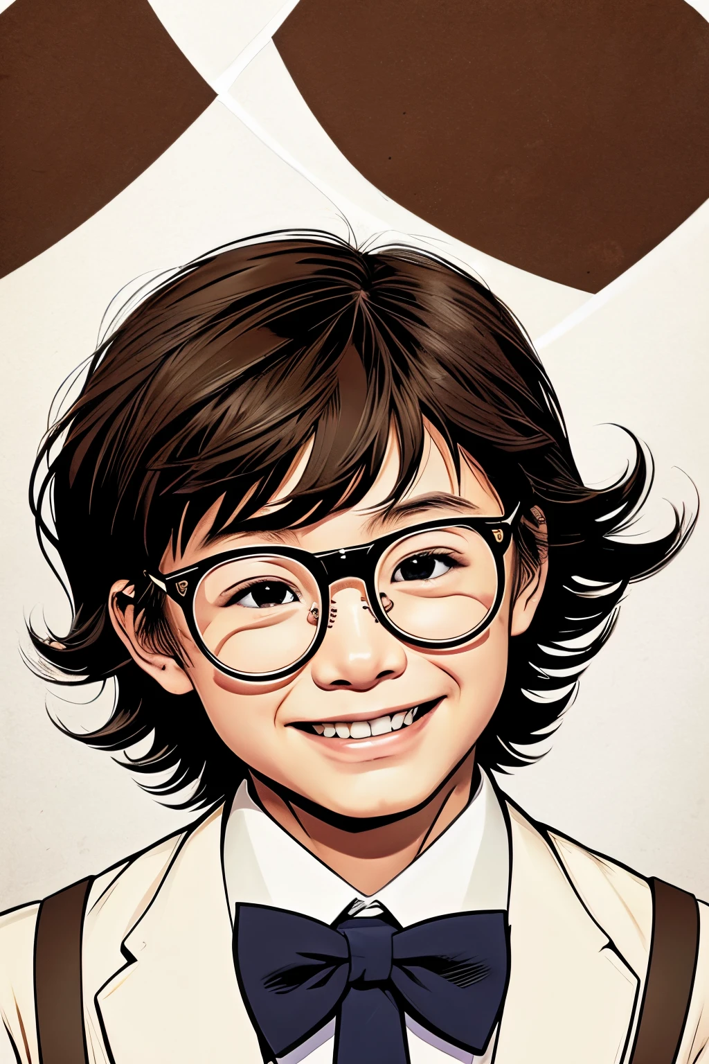 Marvel comics style, With round glasses, speak eloquently, brown and wavy hair,Modern style, White background, japanese children, Smiling Boy, Black eyes, flat head, a bow tie, meitantei conan, Marvel comics style