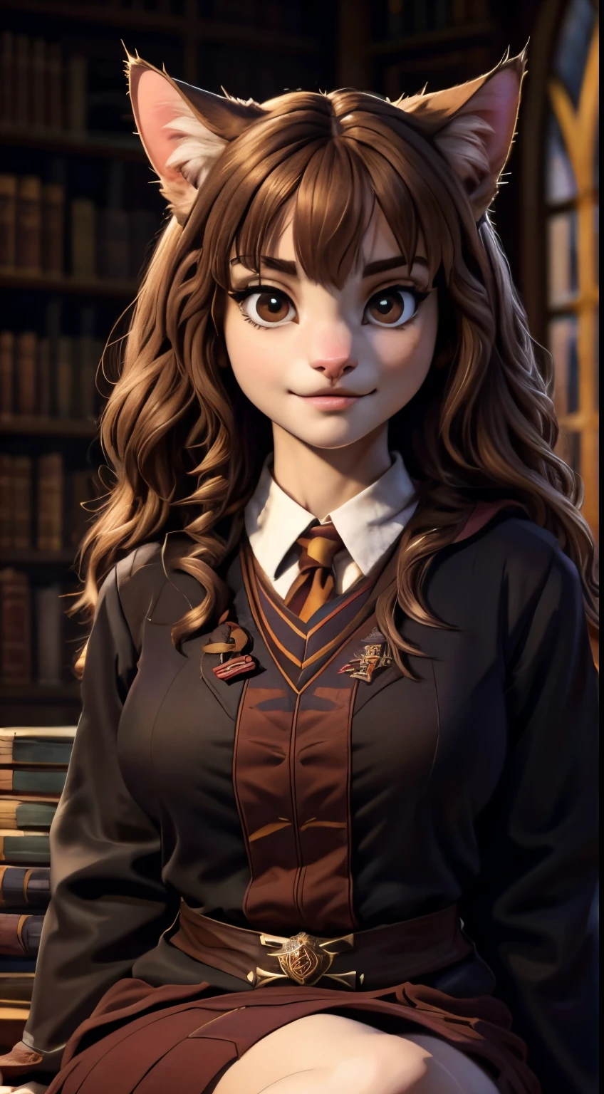 ((ultra quality)), ((tmasterpiece)), Hermione Granger cat, ((there are only cat ears)), ((there is a cat&#39;s tail in the back)) (brown-haired woman, hairlong), (Beautiful cute face), (beautiful female lips), Charming, (cat nose), ((seductive expression)), is looking at the camera, eyes are slightly closed, ((skin color brown)), Body glare, ((detailed beautiful female eyes)), ((dark brown eyes)), (juicy female lips), (beautiful female hands), ((perfect female figure)), perfect female body, Beautiful waist, black claws, gorgeous big thighs, beautiful breasts, ((Subtle and beautiful)), seductively sits (closeup face), (Hogwarts school uniform, Gryffindor robe), background: Hogwarts library, ((Depth of field)), ((high quality clear image)), (crisp details), ((higly detailed)), Realistic, Professional Photo Session, ((Clear Focus)), the anime