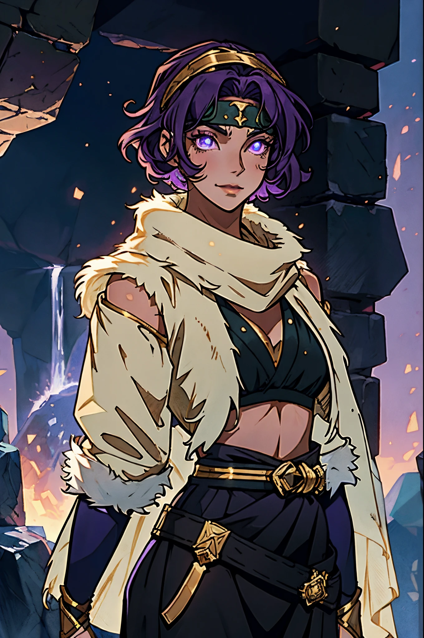 A beautiful woman, short purple hair, long bangs covering her left eye, a headband on her forehead, an exquisite and charming face, a mysterious gaze, a faint smile, draped over her shoulders a thick fur scarf connected to sleeves made of the same fur, a fantasy-style bikini outfit, showcases her delicate and alluring figure, a fur belt around her waist, the background features a cracked giant stone in the wilderness emitting an eerie glow, this character embodies a finely crafted fantasy-style female villain in anime style, exquisite and mature manga art style, perfect body, perfect nose, goddess, femminine, high definition, best quality, highres, ultra-detailed, ultra-fine painting, extremely delicate, professional, anatomically correct, symmetrical face, extremely detailed eyes and face, high quality eyes, creativity, RAW photo, UHD, 8k, Natural light, cinematic lighting, masterpiece-anatomy-perfect, masterpiece:1.5