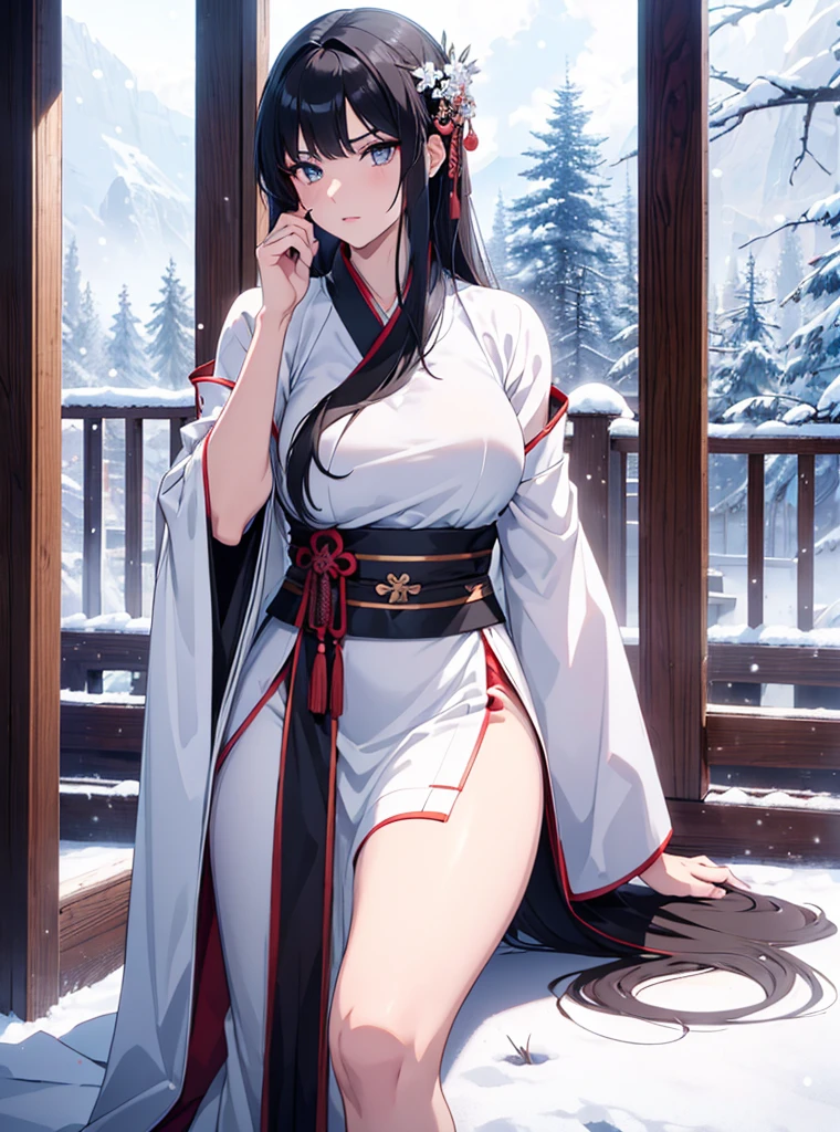 the anime, moody lighting, Best Quality, hight resolution, 4k, 8K, UHD, higly detailed, intricate detials, Cinematic lighting, fit , amazing shading, soft-lighting, facing camera, (detailized face), (high-quality face), (High-quality eyes), (high-quality fingers), body complet, hand drawn, Depth of field, 1 girl, muscular warrior girl, higly detailed, a perfect face, Black Eyes, Black long hair, knee length hair, lips, big breastes, wide hips, Dressed in Hanfu, White Hanfu, skinny waist, long leges, open thigh, makeup, symmetric eyes, Snow-covered land, snowfall, snow-covered trees, A cloudy day,