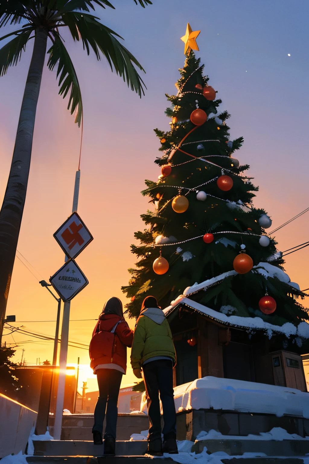 4 people around a Christmas tree, no meio da rua, noite, setting sun