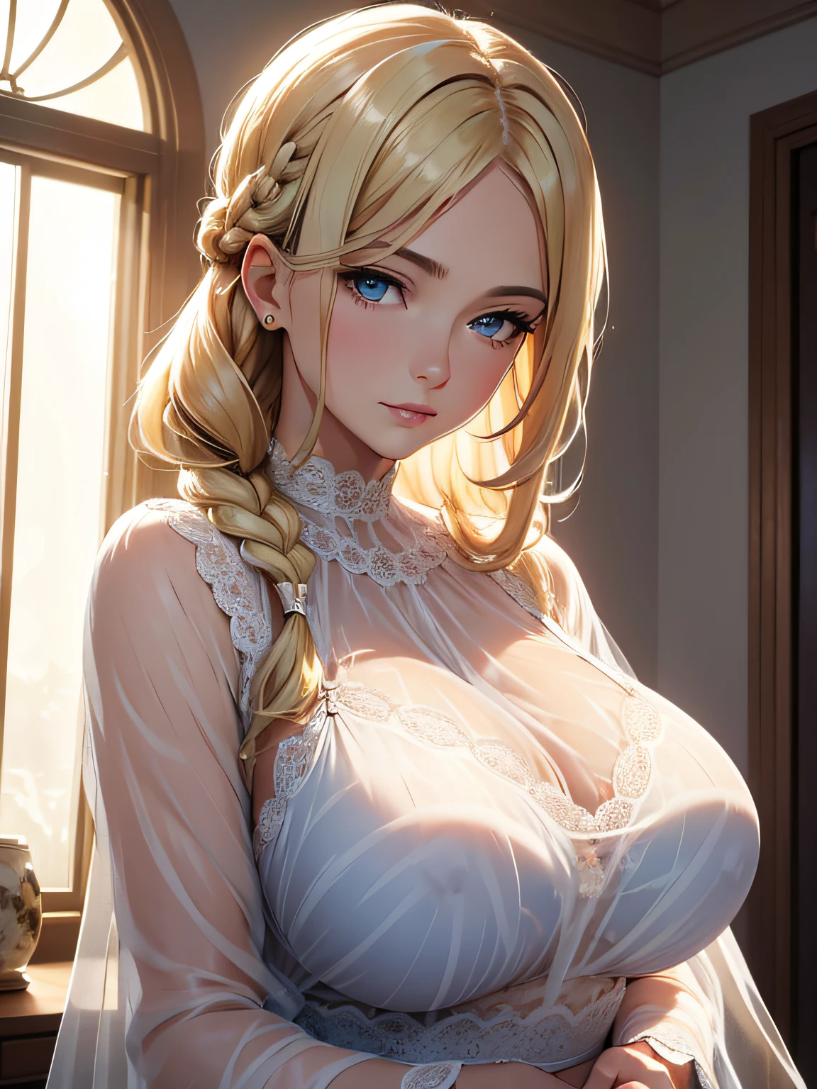 (Masterpiece), (Excellent), (Extremely Fine), best quality, expressive eyes, perfect face, highres, 4k resolution. 1girl, Close-up portrait of a graceful woman, (mature female, milf:1.4), realistic face, (a graceful mother:1.3), swept bangs, long hair, braid, (light blonde:1.3), light blue eyes, (fat arms:1.3), huge breast, long neck, sleep (transparent gown:1.3), bedroom, graceful aura, loving mother face, sunlight from windows.