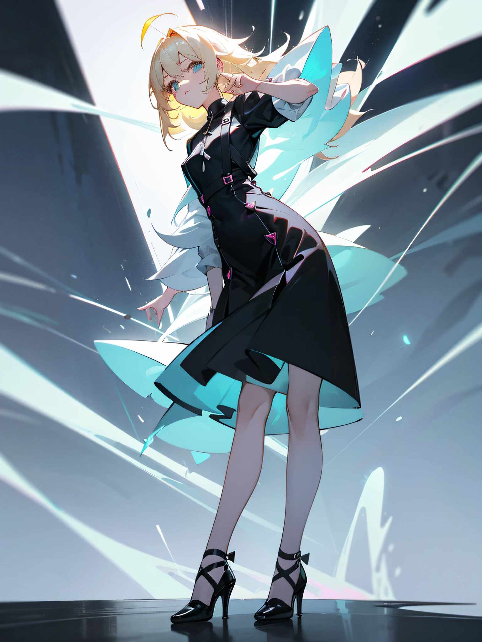 adult lady、Vibrant poses、FULL BODYSHOT、Black Dress、Black pin heels、white neon on clothes、a blond、Ahoge、Hair that grows to the waist、Looking at the camera、Overall white neon atmosphere、Lightning wraps around my body