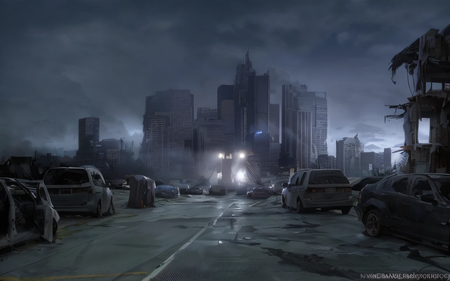 cars parked on a street in a city at night, photorealistic dark concept art, dark cinematic concept art, digital concept art of dystopian, highly realistic concept art, post - apocalyptic city streets, eerie nostalgic concept art,  concept art, dramatic concept art, resident evil virus concept art, dark abandoned city streets, post - apocalyptic city, stunning photo real concept art