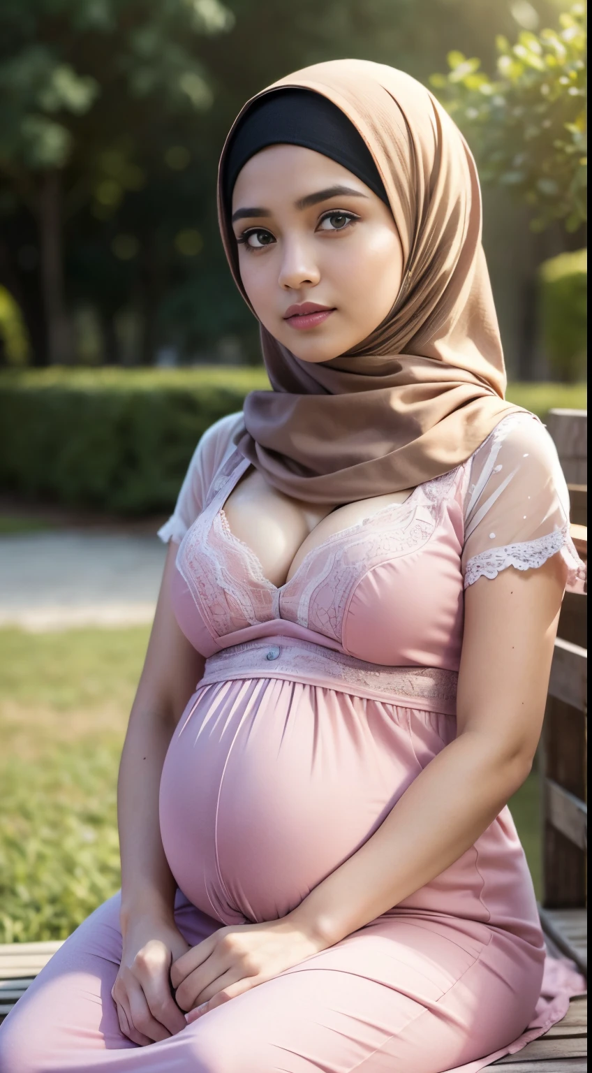 ((Close up)),(iu:0.8),cleavage, RAW, Best quality, high resolution, Masterpiece: 1.3,((full body:1.3)),Beautiful  hijabi malay girl Highly detailed CG Unity 8k wallpaper, top quality, super detail, masterpiece, realistic, photo realistic, very detailed cute girl, 25 years old, round eyes, viewer, semi-body shot, pregnant, casual dress, sitting, bed, holding a flower