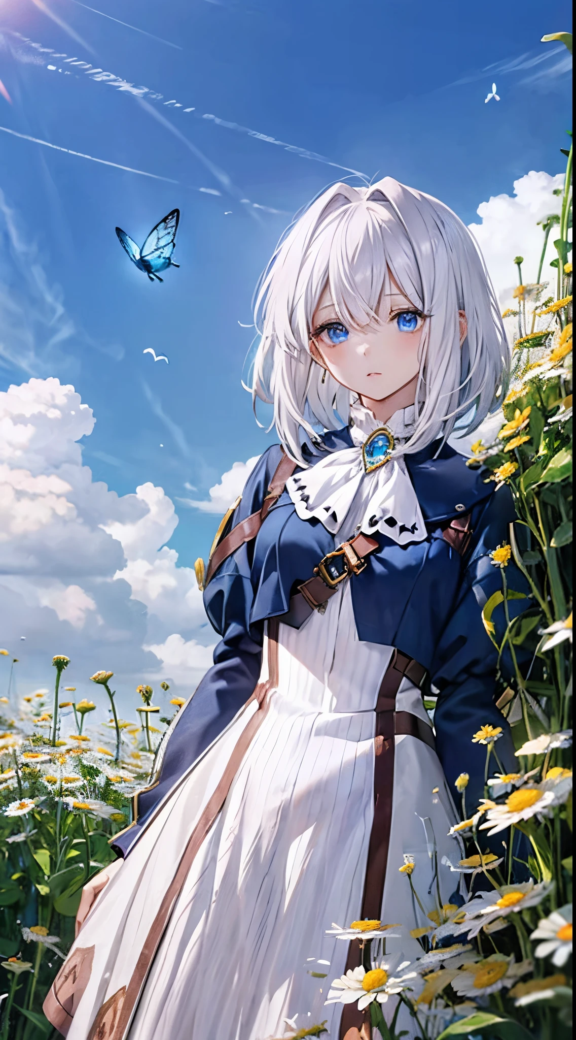 1 girl, white haired girl, messy hair, short hair, detailed face, detailed eyes, blue eyes, Long blue shirt, Chamomile fields under blue skies, blue butterflies flying, expressionless faces, fhd pictures, high upscale, detailed lighting, expressionless face, clear image