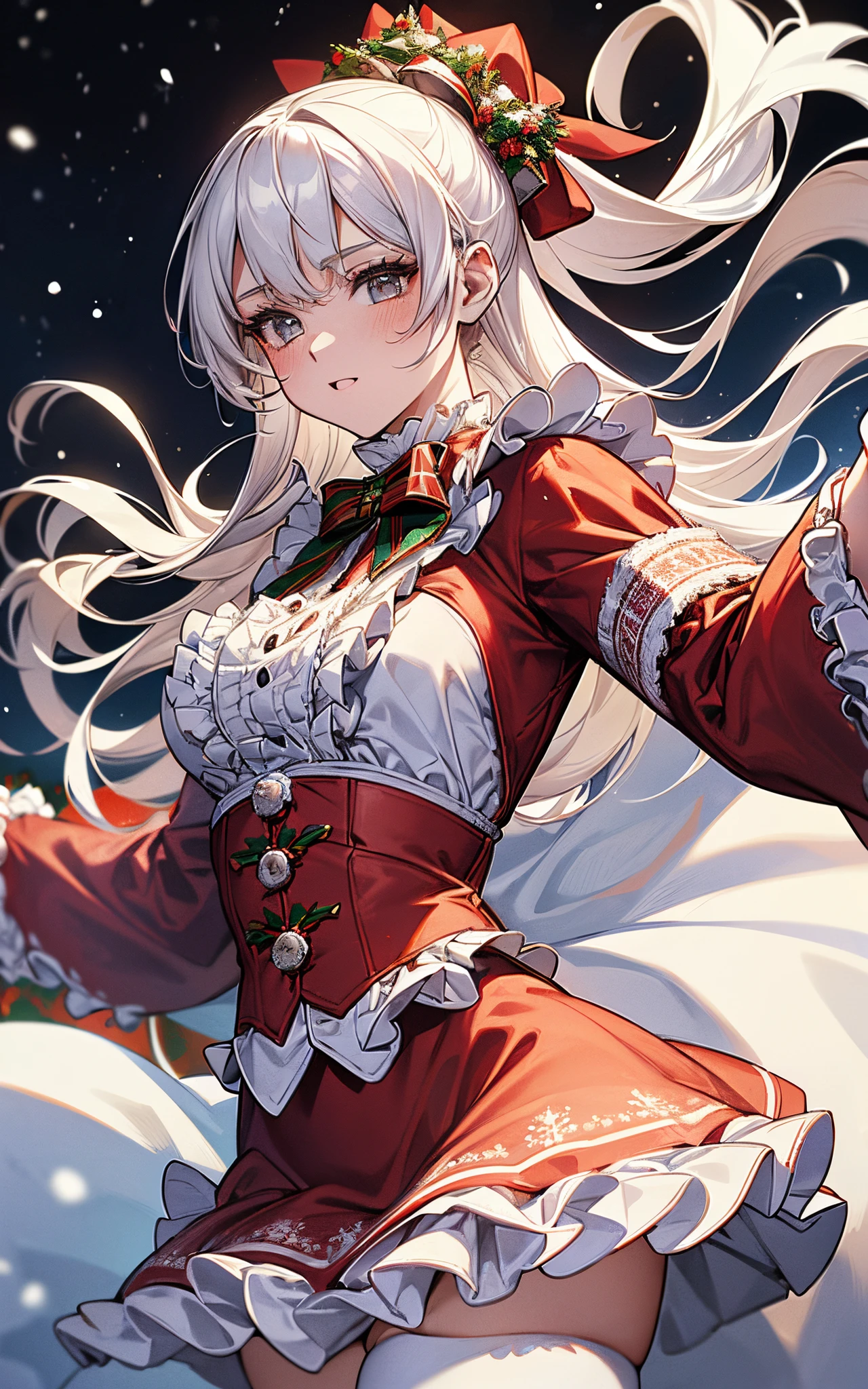 The theme is white、Clothes are white、Perfect human body、christmas night、(((He wore a Santa suit decorated with lots of frills.、victorian santa outfit)))、a beautiful woman、dancing in the snowy city、long skirt、hair adornments、kirakira、tights、Crowds