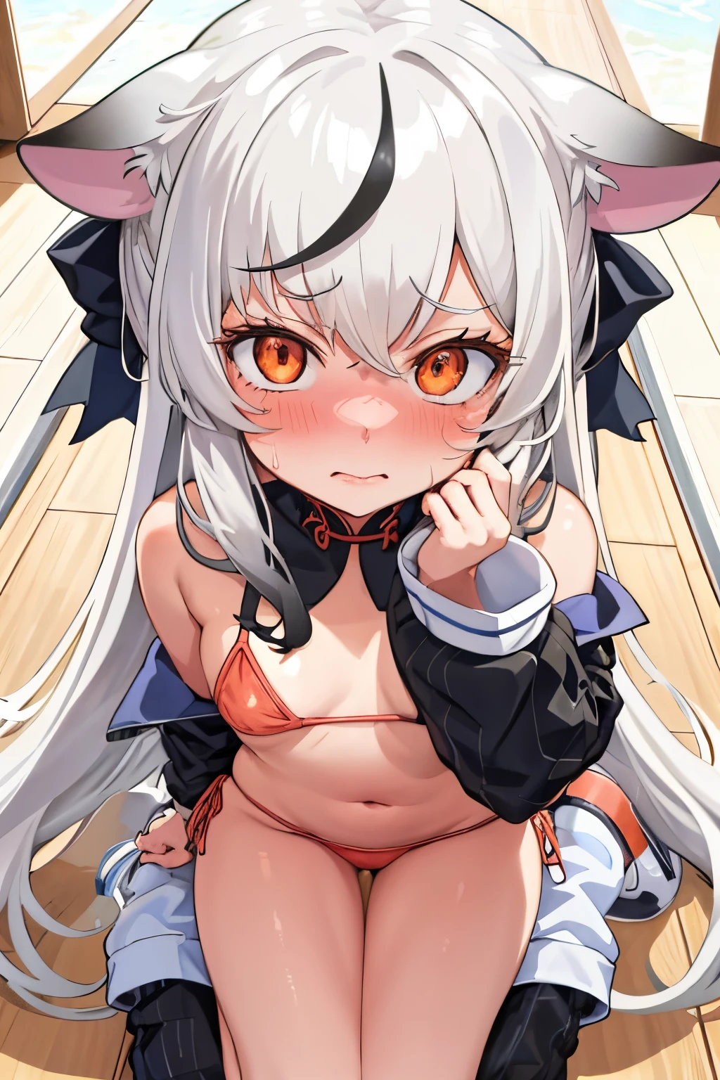 1girl, kokona, indoors, orange eyes, white hair, :3 mouth, embarrassed, beautiful eyes, beautiful lips, shiny lips, extremely detailed eyes and face, long eyelashes, close-up, warm lighting, vibrant colors, looking at the viewer, embarrassed look, blush, in a bikini, on the beach