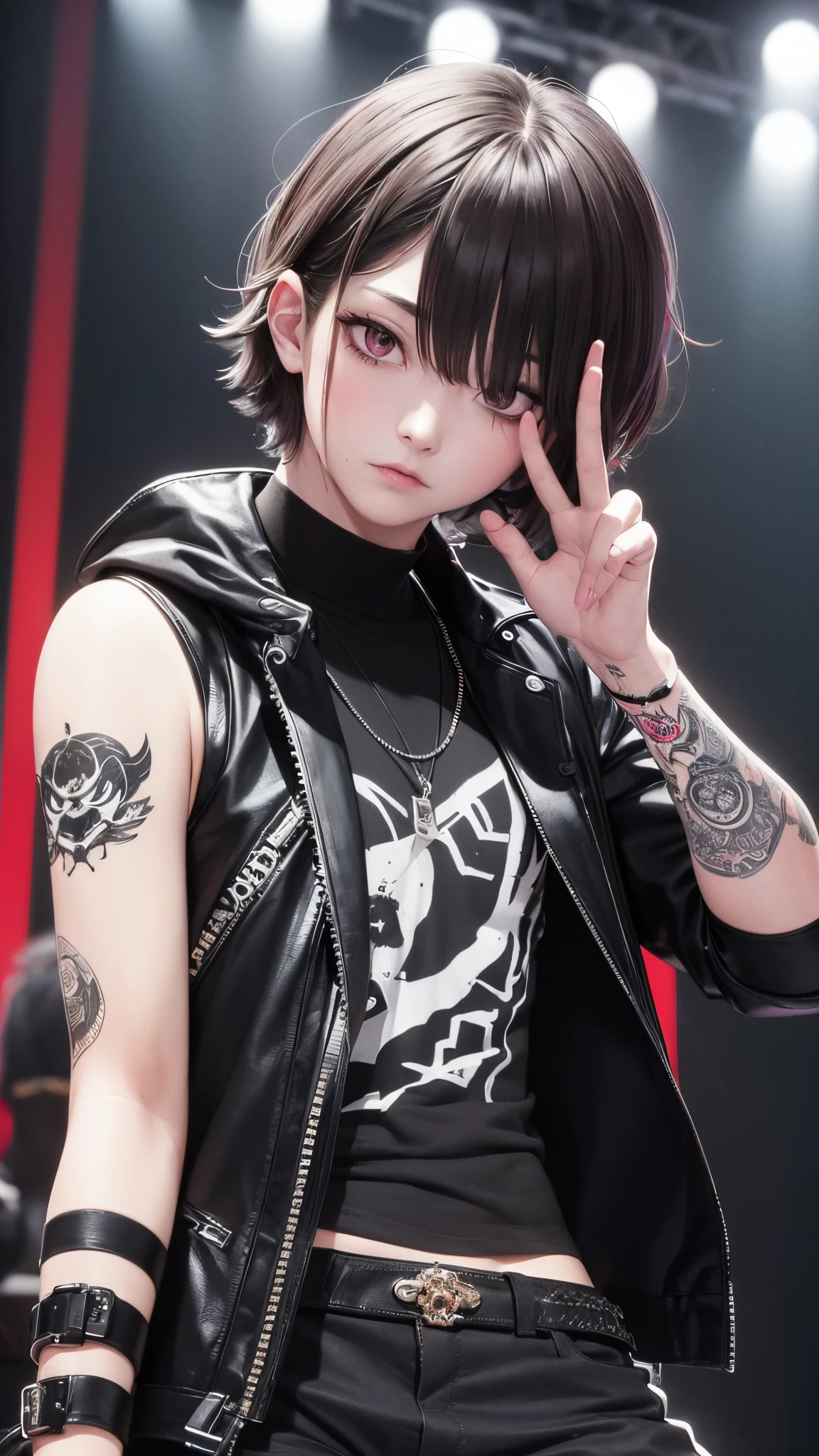 8k, high resolution, masterpiece, illustration, extreme detail, one male, adult, white short hair, red eyes, visual kei, punk, eyeliner, mascara, emo, grunge, jacket, shirt, pants, crowd, concert, stage, stadium, night, smokes close up shot, waving to crowd