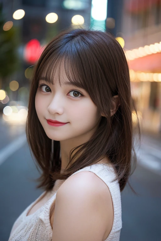 masutepiece, Best Quality, Illustration, Ultra-detailed, finely detail, hight resolution, 8K Wallpaper, Perfect dynamic composition, Beautiful detailed eyes, knit,Medium Hair,Natural Color Lip, Bold sexy poses,Smile,Harajuku、20 years girl、Cute、Sexy shot looking at camera、C Cup、Brown hair、cacique#39;s face、Blurred night downtown background