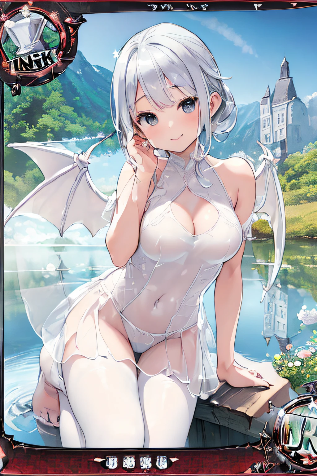 (Trading Card Game Frames:1.7),(Lake in the mountains:1.3),(Sheer and revealing white fluffy outfit:1.3, ),(Angel with glass wings floating on lake:1.3), (Glass Dragon Behind:1.3),Shiny Silver Shorthair,disheveled ponytail,Cute smile,Perfect round face,Black eyes,A cheerful smile that makes the viewer happy,Proper body proportion,Intricate details,Very delicate and beautiful hair,photos realistic,Dreamy,Professional Lighting,realistic shadow,Solo Focus,Beautiful hands,Beautiful fingers,Detailed finger features,detailed clothes features,Detailed hair features,detailed facial features,top-quality,Ultra-high resolution output image,) ,(The 8k quality,),(Image Mode Ultra HD,),(Image Mode Ultra HD,),Science fiction fantasy