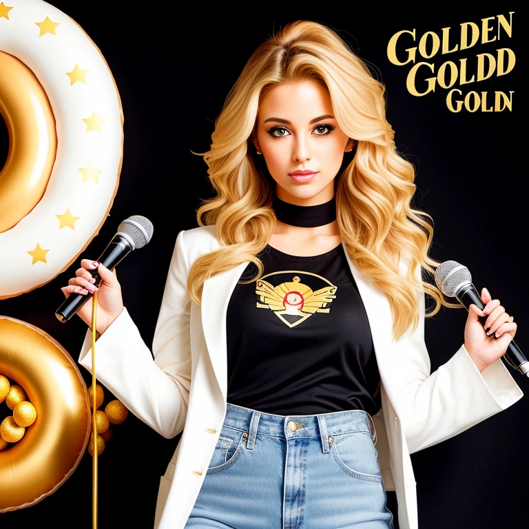 "(Mature and realistic portrayal:1.2) Sailor Moon (golden bronde hair) exuding confidence as she holds a microphone, her blonde hair cascading down, adorned in stylish black white denim clothes from the 2000s, with a backdrop filled with donuts."