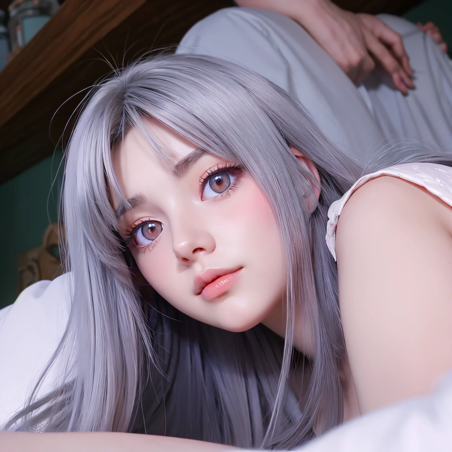 beautiful young woman with, With long gray hair, Pink eyes, Normal bust, Thin camisole, climb on top of a sleeping man, Anime style, Full-HD, Best Quality