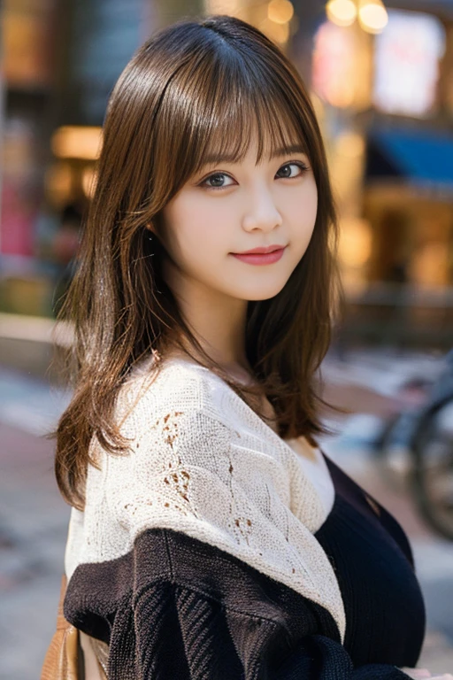 masutepiece, Best Quality, Illustration, Ultra-detailed, finely detail, hight resolution, 8K Wallpaper, Perfect dynamic composition, Beautiful detailed eyes, knit,Medium Hair,Natural Color Lip, Bold sexy poses,Smile,Harajuku、20 years girl、Cute、Sexy shot looking at camera、C Cup、Brown hair、cacique#39;s face、Blurred night downtown background