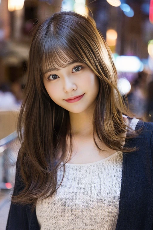 masutepiece, Best Quality, Illustration, Ultra-detailed, finely detail, hight resolution, 8K Wallpaper, Perfect dynamic composition, Beautiful detailed eyes, knit,Medium Hair,Natural Color Lip, Bold sexy poses,Smile,Harajuku、20 years girl、Cute、Sexy shot looking at camera、C Cup、Brown hair、cacique#39;s face、Blurred night downtown background