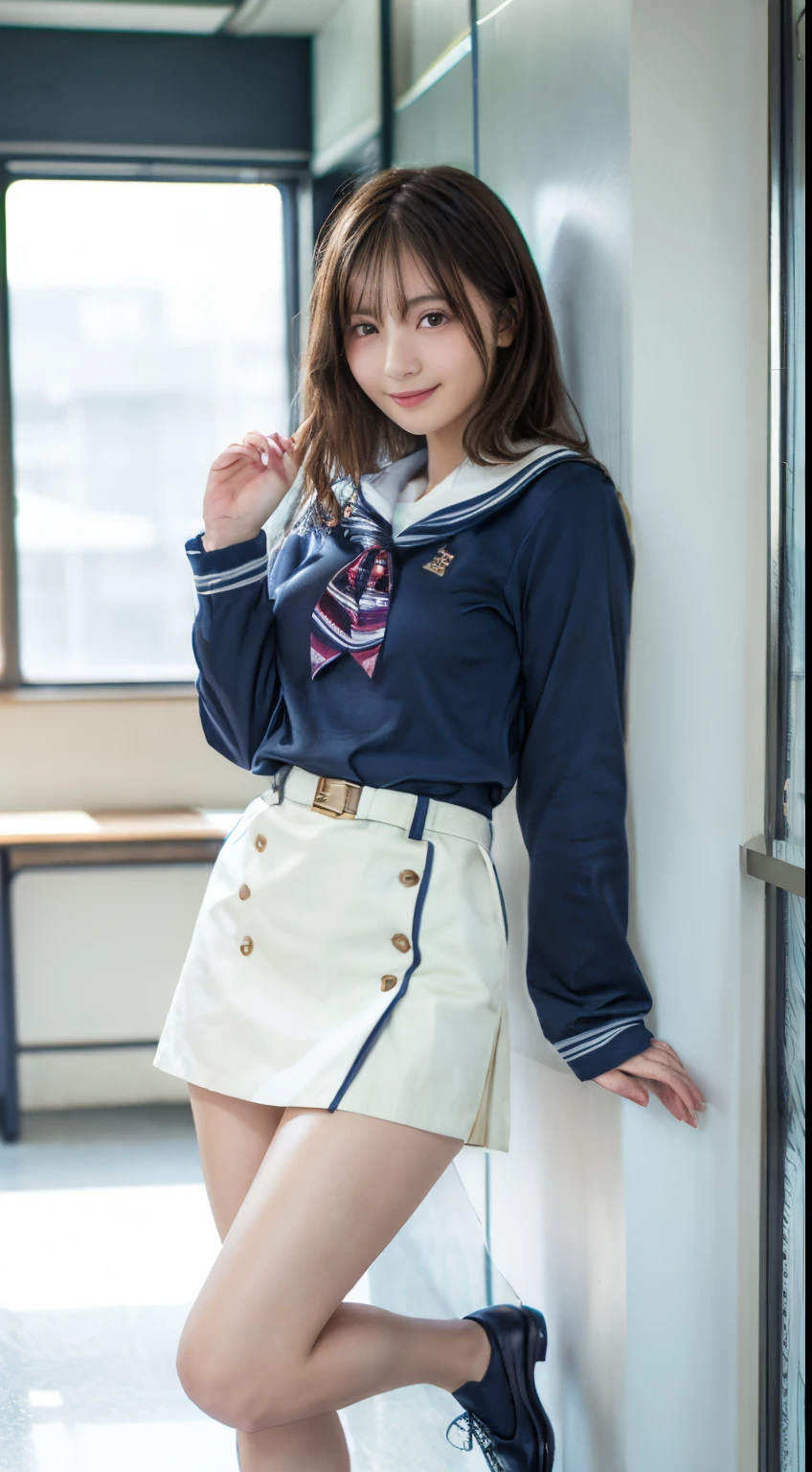 top-quality,ultra - detailed,tmasterpiece,hentail realism,Photorare,Bright lighting,1 girl in, Camera color temperature 3800k、an extremely beautiful 17-year-old girl, (kawaii:1.6),Thin smile, (Brown eyes),(dark brown hair),(By bangs),perfect glossy shiny skins,flawless skin,((erotick,Sexy and sexually explicit)),((Exact pointers，No discomfort)), large full breasts,big breasts thin waist, looking at viewert,((Navy blue sailor suit)),((Waist-length long-sleeved uniform white shirt)),(Enzi's tie),((Uniform-like fabric miniskirt without slits)),(((Neat and clean clothing))),(Turn your back to the window),lace and black panties,abnormally large breasts,((Stand with your feet together)), （Black socks),(Loafer shoes), In the daytime,Station platform、stand through the window、Wearing a miniskirt、