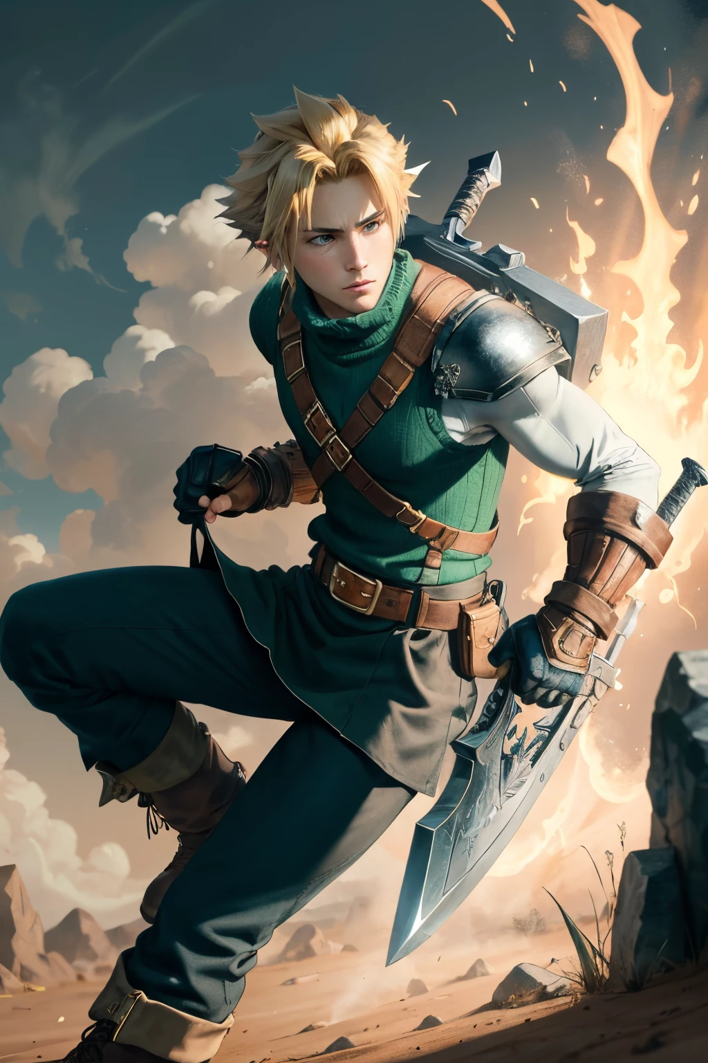 wide full-length shot, action pose, Cole has dirty blonde hair styled with some spikes neat but defiant, His eyes glow blue-green, one eye brighter than the other to show some ancient magic within, He wears a dark green tunic lined with silver plates like an armored SOLDIER uniform, The tunic extends to his knees for ease of movement, Underneath  a black undershirt with one sleeve missing to allow greater shoulder movement, He wears a pauldron on his other shoulder, He wears tough leather gauntlets on both hands and arms, Cole wields a single-edged broadsword reminiscent of the Buster Sword but lighter and engraved with Hylian runes along its fuller, At his waist hangs gadgets like bombs, and a hookshot, His boots appear made for both forest treks and  missions, Cole's personality echoes his heroic determinations tempered by dark burdens, masterpiece, high quality, 4K, cloud strife, shoulder armor, sleeveless turtleneck, suspenders, belt, baggy pants, gloves, bracer, boots, ootLink, hat, green tunic, belt, fingerless gloves, boots, weapon on back