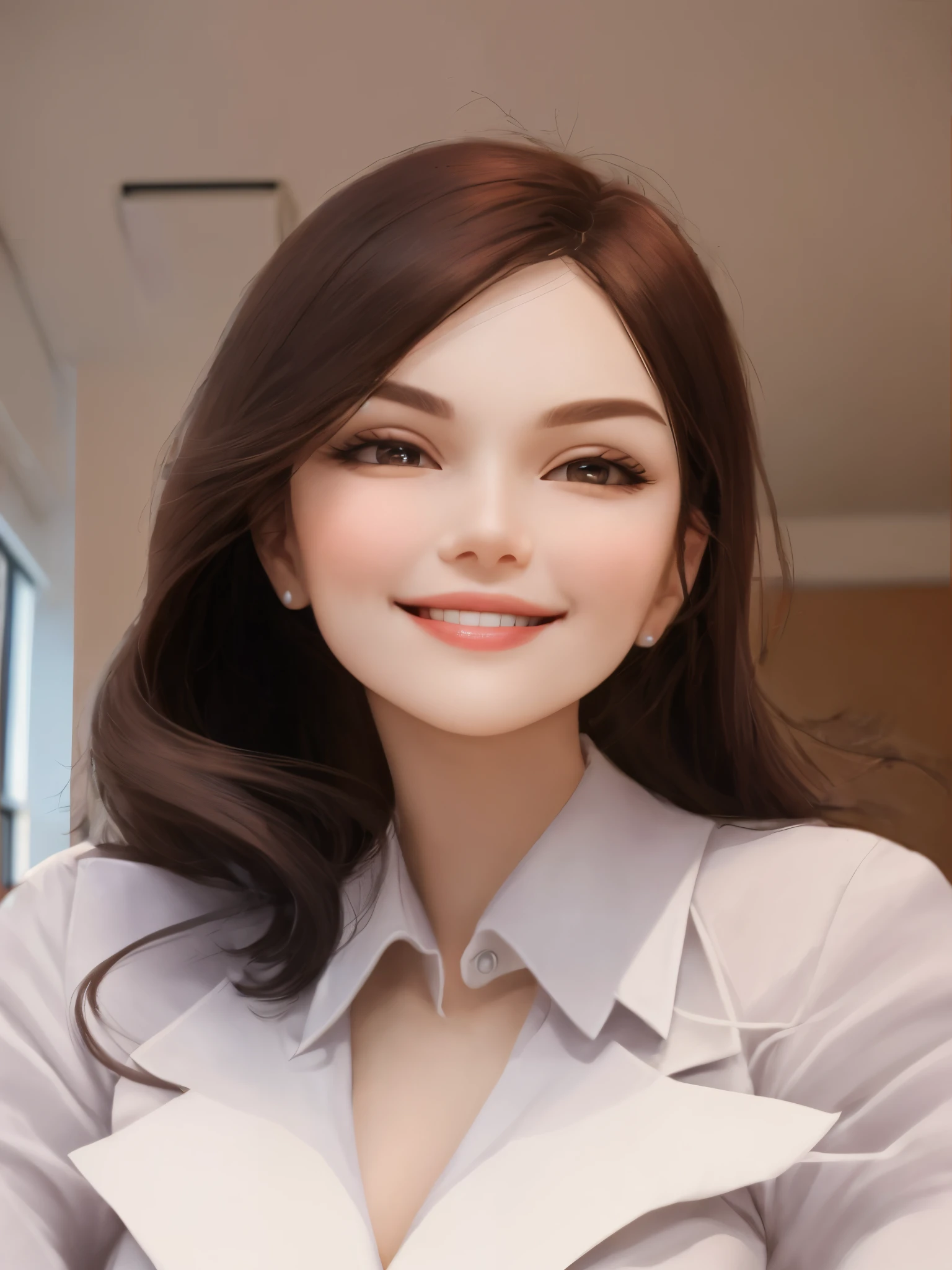 A woman with long hair and a white shirt posing for a picture - SeaArt AI