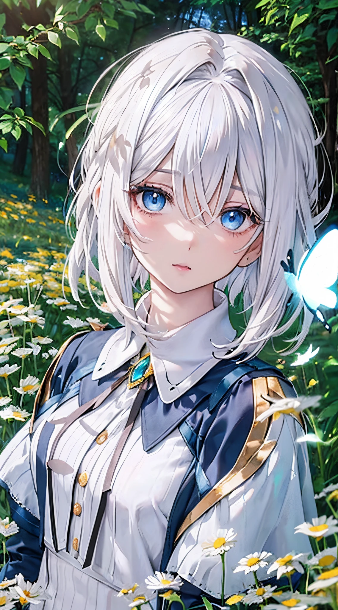 1 girl, white haired girl, messy hair, short hair, detailed face, detailed eyes, blue eyes, Long blue shirt, Chamomile fields under blue skies, blue butterflies flying, expressionless faces, Shadow effect from trees, super detail, No blur, super detailed lighting, super detailed face