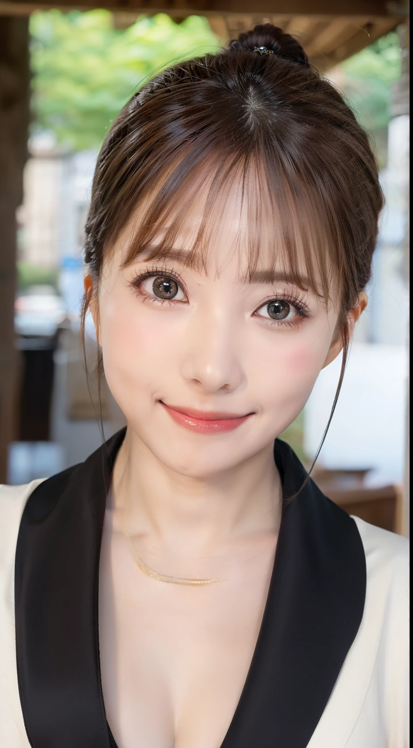 Highest quality, shape, Very detailed, finely, High resolution, 8k wallpaper, 完璧なダイナミックな構shape, Beautiful and detailed, Medium Hair, Small breasts, Natural color lip,Body facing the camera,A firm expression that expresses your individuality,smile,20-year-old girl、Beautiful and elaborate face、Perfect and beautiful face,Big eyes、RAW Photos、Beautiful and detailed、Small face、Beautiful Duplex、Slim face and figure,Black jacket suit、Beautiful golden ratio face,ponytail
