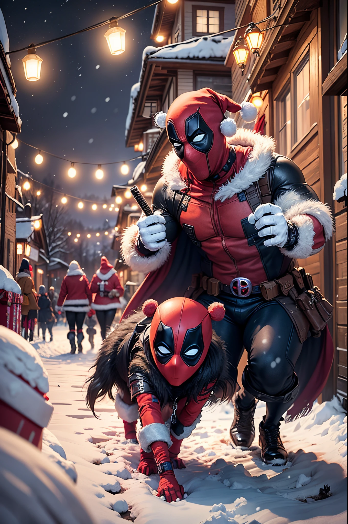 Masterpiece in maximum 16K resolution, featuring the Anime CGI style that brings life to the scene. | Deadpool and Santa Claus join forces to bring hope to a small mountain village covered in a blanket of snow at night. Despite its poverty, the village comes alive with the vibrant colors of the gifts being distributed. | The scene  composed at a dynamic angle, highlighting the unique animation and expressions of Deadpool and Santa Claus. The contrast between the snow and the lights of the presents creates a magical atmosphere. | Nighttime lighting accentuates the details of the environment, while motion effects emphasize the action of gift delivery. Realistic textures breathe life into the costumes of both characters. | Deadpool and Santa Claus on a nighttime mission of generosity in a poor, snowy village | The camera, positioned to capture the dynamics between the two characters, reveals their entire bodies in expressive poses as they share smiles and deliver gifts under the night lights. Details of the village and the snow contribute to a scene full of emotion. | (perfect_pose), They are adopting a ((dynamic_pose as they share, spreading joy with laughter):1.3), (hands_with_5_fingers), (perfect_hands), (perfect_fingers), (perfect_legetter_handig, ((full body)), More Detail --auto --s2