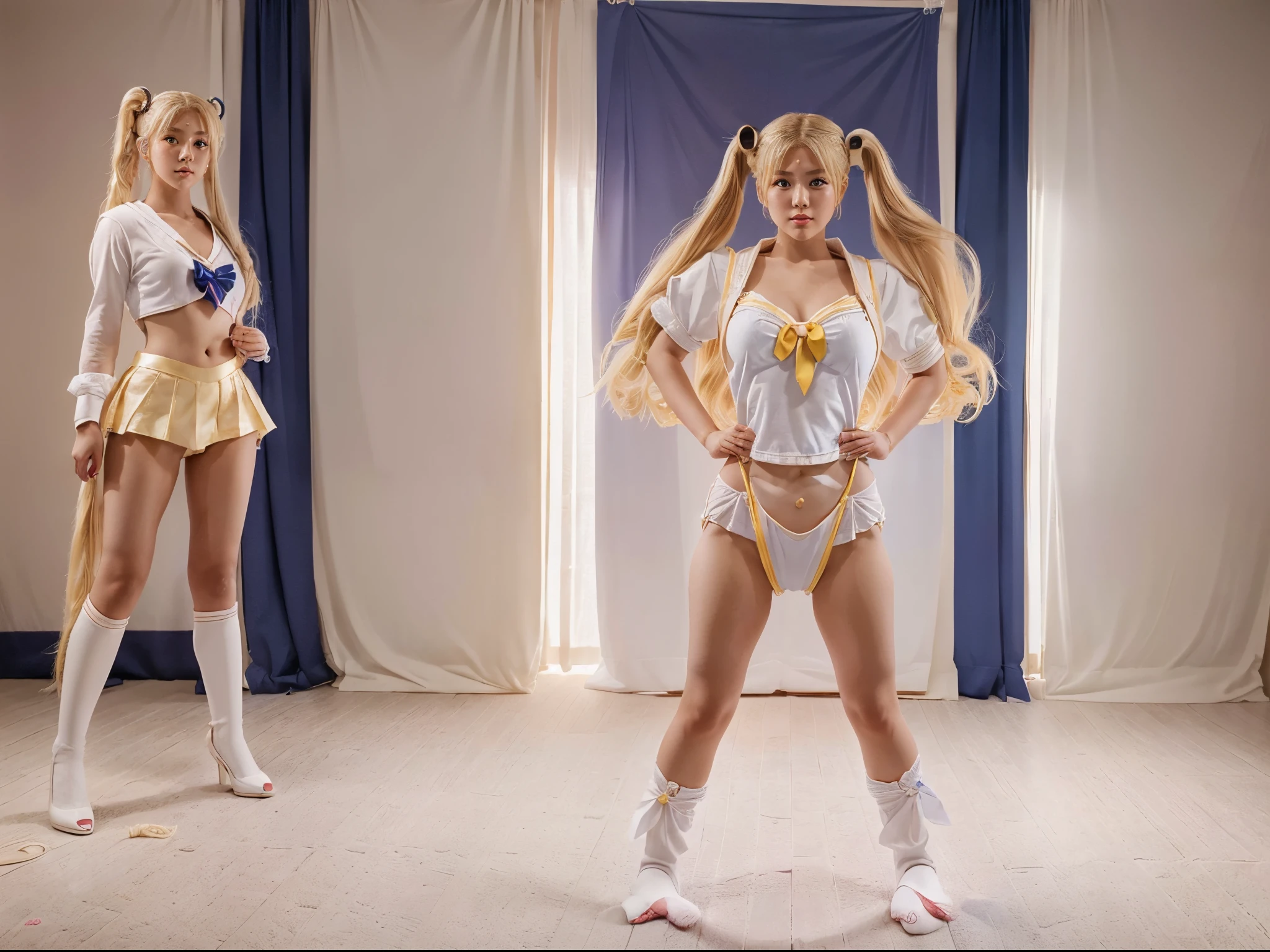 (best quality, highreashion Photoshoot, Sailor Moon, Usagi, Pretty Beautifully Mixed Japanese Blonde Babe, Long Blonde Twintails, Sailor Moon Costume Outfit, 90s Japanese City, (Full Shot:1.5), (front view:1.5), combining realism and beautiful anime influence, (full body), (fully cloth), (standing pose),