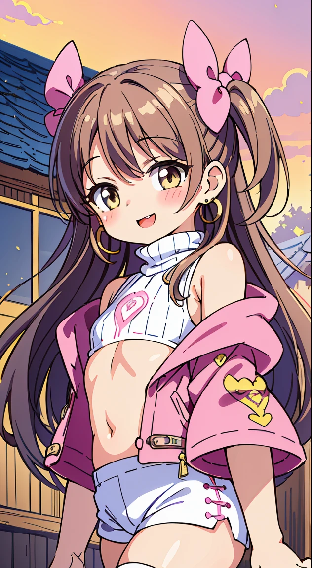 masutepiece,Best Quality,(Cute illustration:1,2),(Absurd realistic structure details),(High resolution complex and detailed text quality),(High-resolution microstructure,High poly 3 boobs D rendering correction),Methods of geometry,Careful explanatory anatomy,
1girl in, (Cute:1.5),(Chibi:0.5),(kawaii:2.0),(Lori:2.0),(7 year old girl),(Solo:1.65),BREAK, (flat chest:1.2,), Clear skin, Beautiful skin, Shy, One Beautiful Girl,(Hair Bow, reddish brown hair, Twin-tailed:1.2), (Brown eyes, long eyelashes, Double eyelids: 1.2), Shiny skin, gleaming skin,Clear skin, Beautiful skin,( A smile:1.5), Solo,gleaming skin, Clear skin, Beautiful skin(best quality face),(Top quality glowing eyes), (The best smile,Doya face:1.45), BREAK (Pink Theme:1.4), (Gold thread embroidery on hem:1.6) ((caregiver theme:1.4)), BREAK (Pink Theme:1.5), (Oversized pink down jacket with white fluffy fur:1.5), (pink down jacket pull:1.4), (off shoulders:1.4), (pink nylon shine:1.3), BREAK (White theme:1.4), (baggy white thigh-high boots:1.5), (tight latex white shorts:1.3), BREAK (grey theme:1.3), (Sleeveless Knit Gray Turtleneck Sweater:1.4), (no sleeves:1.3), (Emphasized chest:1.2), (knit:1.2), (earrings:1.2),
(red capelet:1.3),
BREAK, 鎖骨,Hair intake, Hand up, Navel, Parted lips, Solo, Stomach,architecture, Blue sky, (autumn forest:1.2), wooden building, Kiyomizu-dera Temple, balconies, Blue sky, crystal clear skies, Blurry background, longshot, Standing, Sunset, Thighs Thighs Thighs\), Twilight,Happy,Laugh,blush,Opened mouth,Closed eyes,Beautiful sunset,Twilight,Backlighting,Waterfall,depth of fields,
BREAK,wakame,wakame,wakame,(Dynamic Angle:1.4),
BREAK,(Blurry background:1.3),(absurderes, hight resolution, Super Detail Art),cel shading,Clear Color, Lonely optical effect, Beautiful pictures, Bright glow, mystic atmosphere,(Close-up of girl:1.1), Mystical light particle effect,manga influence, clean line drawings,