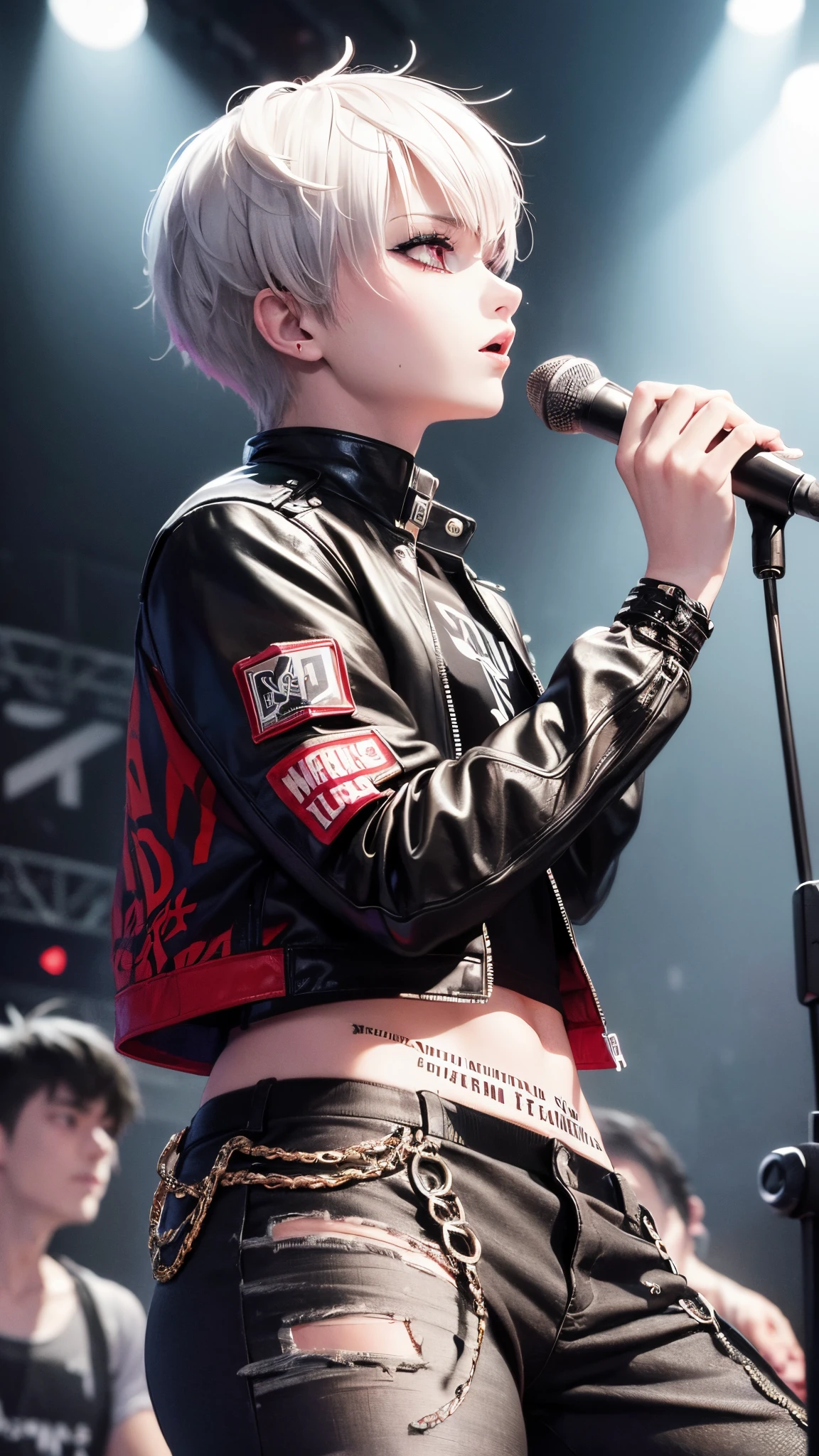 8k, best quality, high resolution, masterpiece, illustration, extreme detail, one male, adult, white short hair, red eyes, visual kei, punk, eyeliner, mascara, emo, grunge, jacket, shirt, pants, crowd, concert, stage, stadium, night, smokes, noise, static, close up shot, side view