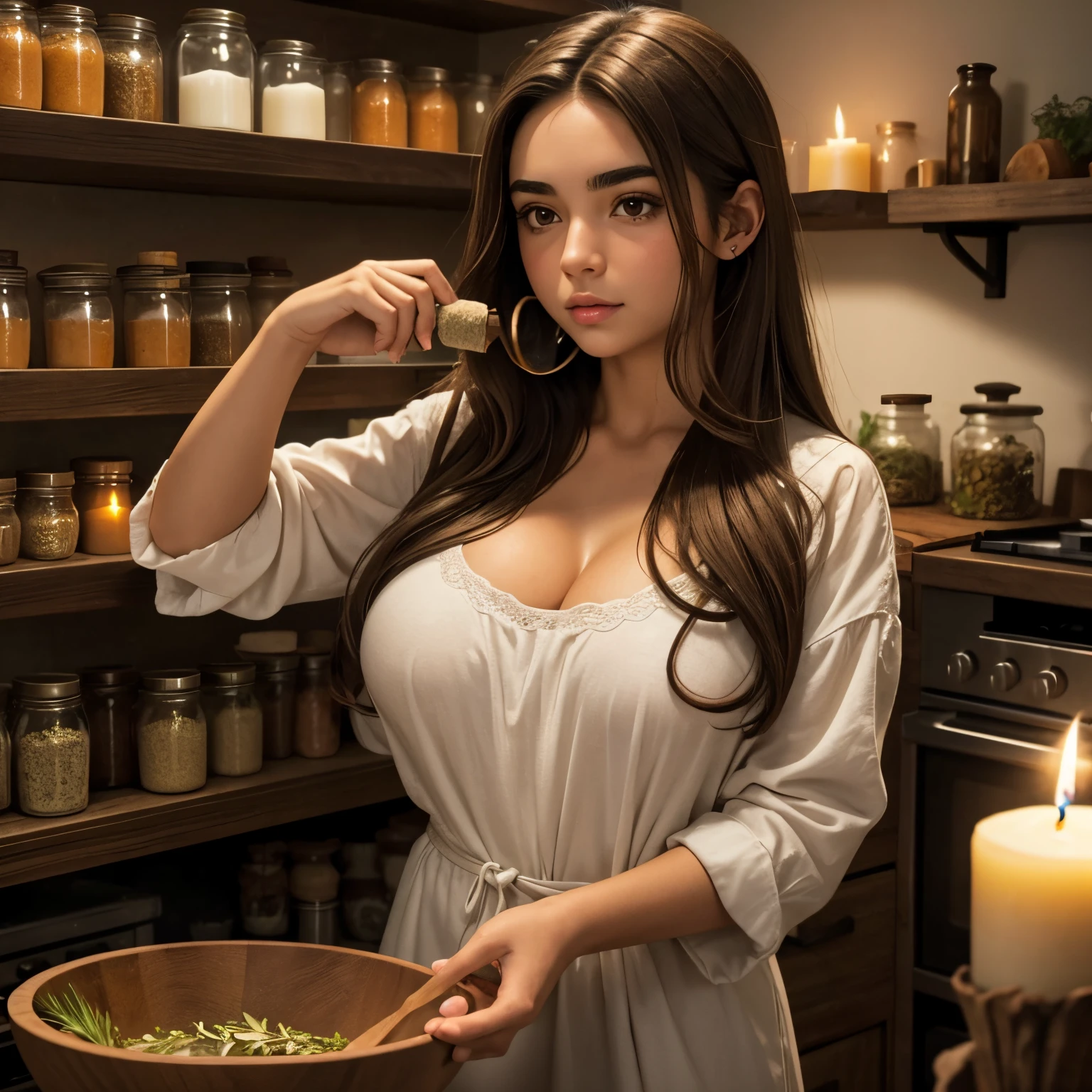 a mixed white and mexican girl with long brown hair and brown eyes with thick eyebrows and big breasts standing naked mixing herbs in a bowl in a candlelit room surrounded by herbs and jars and mushrooms
