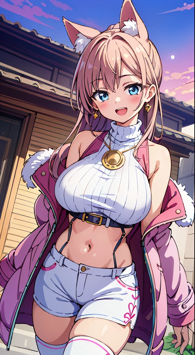 masutepiece,Best Quality,(Cute illustration:1,2),(Absurd realistic structure details),(High resolution complex and detailed text quality),(High-resolution microstructure,High poly 3 boobs boobs boobs D rendering correction),Methods of geometry,Careful explanatory anatomy,
1 beautiful girl, ( girl), Very detailed, colourfull, highest details, BREAK, (Huge breasts: 1. 2,), Clear skin, Beautiful skin, Shy skin, 1 beautiful girl, Brown hair, (Cat ears, Ponytail, medium-Long hair: 1. 2), (Light blue eyes, long eyelashes, Double eyelids: 1. 2),Solo,gleaming skin, Clear skin, Beautiful skin,(best quality face),(Top quality glowing eyes),(The best smile,:D:1.45), BREAK (Pink Theme:1.4), (Gold thread embroidery on hem:1.6) ((caregiver theme:1.4)), BREAK (Pink Theme:1.5), (Oversized pink down jacket with white fluffy fur:1.5), (pink down jacket pull:1.4), (off shoulders:1.4), (pink nylon shine:1.3), BREAK (White theme:1.4), (baggy white thigh-high boots:1.5), (tight latex white shorts:1.3), BREAK (grey theme:1.3), (Sleeveless Knit Gray Turtleneck Sweater:1.4), (no sleeves:1.3), (Emphasized chest:1.2), (knit:1.2), (earrings:1.2),
(red capelet:1.3),
BREAK, 鎖骨,Hair intake, Hand up, Navel, Parted lips, Solo, Stomach,architecture, Blue sky, (Summer rag apartment front:1.2), wooden building, Osaka Station,People coming and going々, balconies, Blue sky, crystal clear skies, Blurry background, longshot, Standing, Sunset, Thighs Thighs Thighs\), Twilight,Happy,Laugh,blush,Opened mouth,Closed eyes,Beautiful sunset,Twilight,Backlighting,Waterfall,depth of fields,
BREAK,wakame,wakame,wakame,(Dynamic Angle:1.4),
BREAK,(Blurry background:1.3),(absurderes, hight resolution, Super Detail Art),cel shading,Clear Color, Lonely optical effect, Beautiful pictures, Bright glow, mystic atmosphere,(Close-up of girl:1.1), Mystical light particle effect,manga influence, clean line drawings,