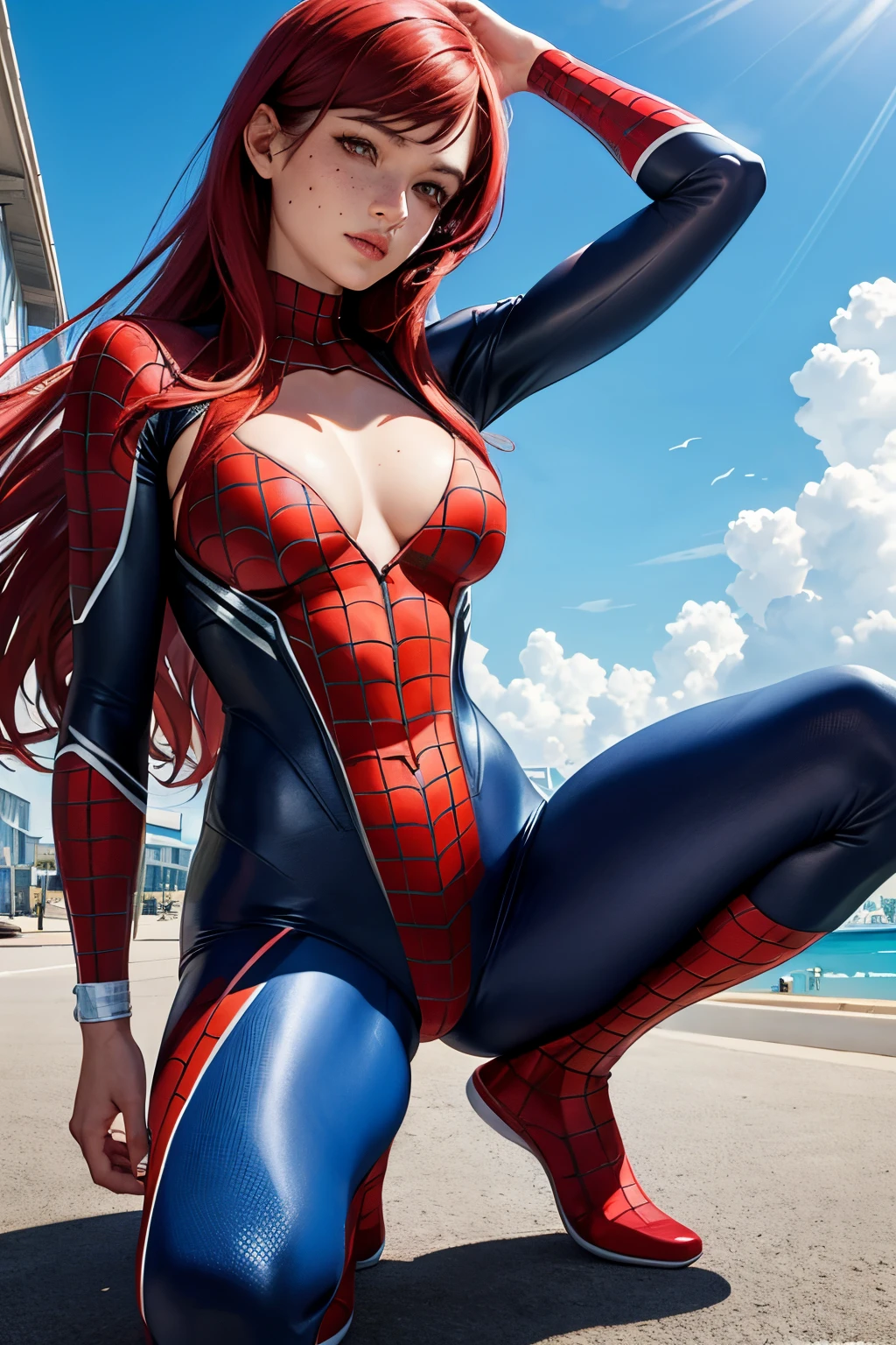 Generate a photorealistic masterpiece featuring a woman in a red and black Spider-Man suit. She's unmasked with a pretty ginger face, korean face and body, freckles, thin waist, slender figure, squatting position, posing like spider-man crouch, clear skies in background, The wind blows, her red hair flowing elegantly, fingers spread, cleavage exposed in the skin-tight suit, Ensure intricate details, realistic human anatomy, skirtlift