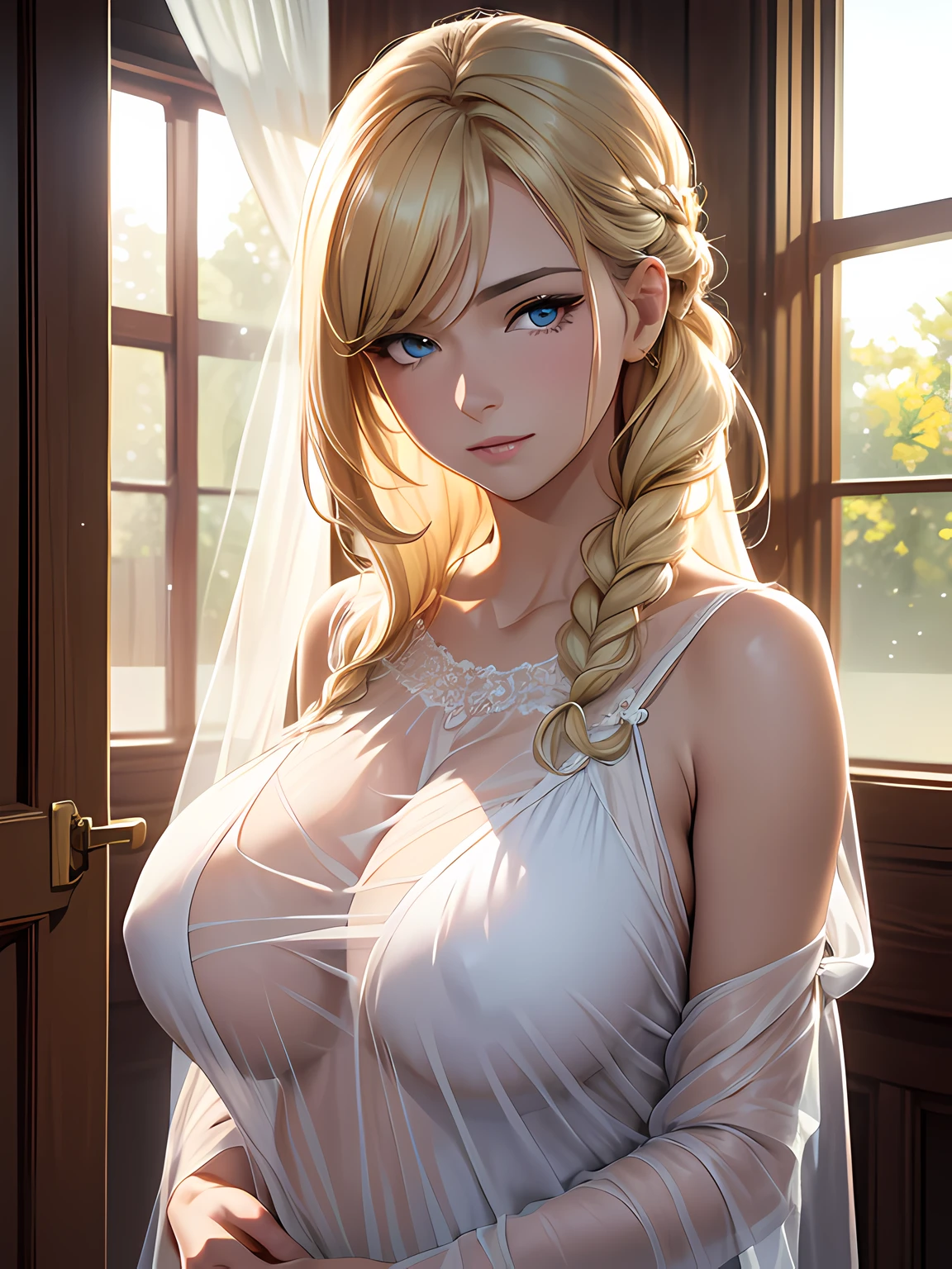 (Masterpiece), (Excellent), (Extremely Fine), best quality, expressive eyes, perfect face, highres, 4k resolution. 1girl, Close-up portrait of a graceful woman, (mature female, milf:1.4), realistic face, (a graceful mother:1.3), swept bangs, long hair, braid, (light blonde:1.3), light blue eyes, (fat arms:1.3), huge breast, long neck, sleep (transparent gown:1.3), bedroom, graceful aura, loving mother face, sunlight from windows.