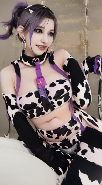 ((top-quality、8K、masterpiece:1.5))、((((((美丽的面容、Amazing sex appeal))))))、1girl in、(((36-years old)))、(Slender figure:1.0)、((((((((purple color hair、poneyTail、Purple Rouge、Purple eyeshadow))))))))、((Double Peace Sign))、(((((in a house、Super luxurious hot bath facility、fullnude:1.0)))))、((Shapely))、((((Very toned stomach and lower abdomen))))、Beautiful areola、Beautiful nipples、hyperdetailed face、Detailed lips、A detailed eye、二重まぶた、fullnude、full body Esbian、((((((((Black knee socks、super big collar、extra large cow neck bell、Black Gloves、oversized big hoop earrings))))))))、Open your mouth wide to the maximum、((Overwhelming huge breasts and overwhelming abnormal saggy breasts:3.0))、((((((((Breast size is overwhelmingly too large、Make your overwhelming breasts look even bigger、Both huge breasts hang unusually long、Miss Universe model winner's large breasts are pushed out to emphasize the overwhelming shape of her breasts、Body shape of big breasts contest winning model)))、((((((((No underhair))))))))、(((((((((Quite tall)))))))))、(((((Spread legs wide、Spread your thighs naturally、Very happy、Great smile、Nipples are bright pink)))))、very beautiful nipples、very beautiful lower abdomen、(((((No body hair from neck to feet、There is no hair around the chest 、only one neck、Armohand only 2 pieces only、only one navel、One areola and nipple on each breast、The skin on the chest and torso does not peel off.、my abdomen is not#39;Split vertically)))))
