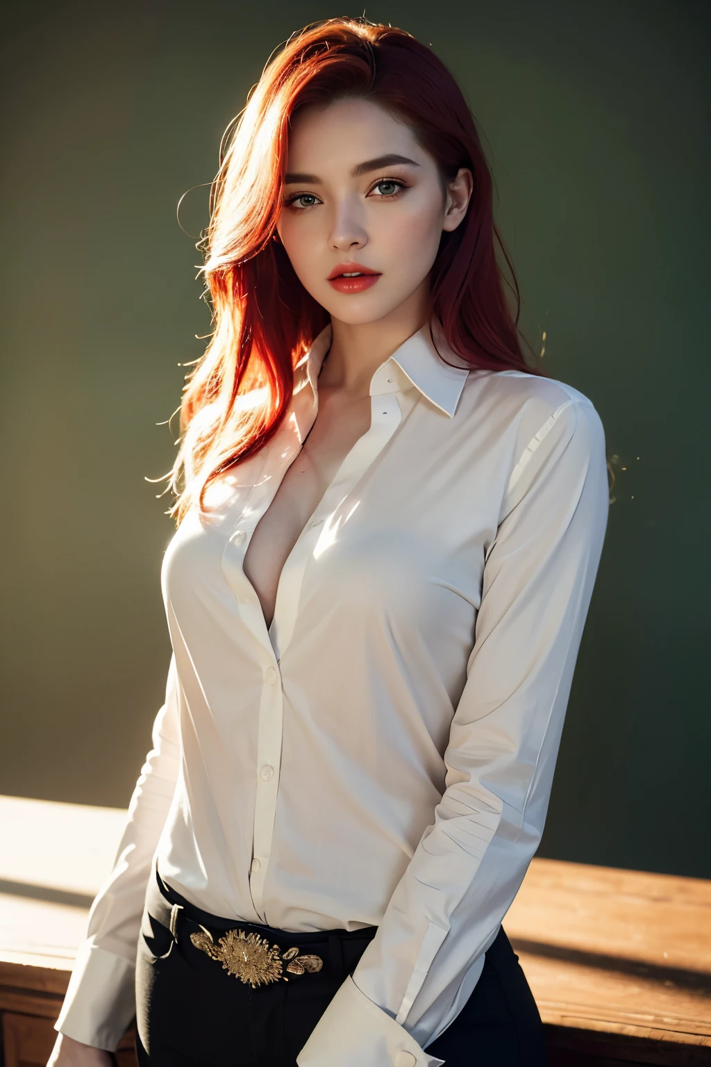 Best quality, masterpiece, ultra high res, (photorealistic:1.4), raw photo, 1 lady, solo, red hair, green eyes,  red lips, detailed eyes and face, formal white shirt, black suit, dynamic lighting, in the dark, deep shadow, low key, cowboy shot full-lenght body, office desk background