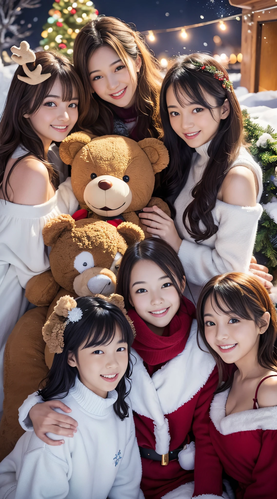 (Best Quality,4K,hight resolution,masutepiece:1.2),Realistic,Christmas,girl (28 year old),Hugging a big teddy bear,stuffed animal,Wear warm clothes,Snow falling in the background,Winter wonderland,Joyful expression,Magical atmosphere,Soft lighting,Vivid colors,Happiness,laught,Welcoming environment,Warmth,Smiling eyes,Curly hair,Shimmering decoration,Twinkling lights,toy train set,wrapped present,Rooftop with Santa Claus and reindeer flying in the distance,magic snowflake,christmas tree with ornaments,log cabin,curl up near the fireplace,hot chocolate with marshmallows,Peace and quiet,Excitement and anticipation,Snowy landscape,childhood innocence,Enchanted moments,Playful laughter,Upholstered stockings,Holiday spirit,love and togetherness.thighs thighs thighs thighs、off shoulders，８Man Cute Woman:1.2