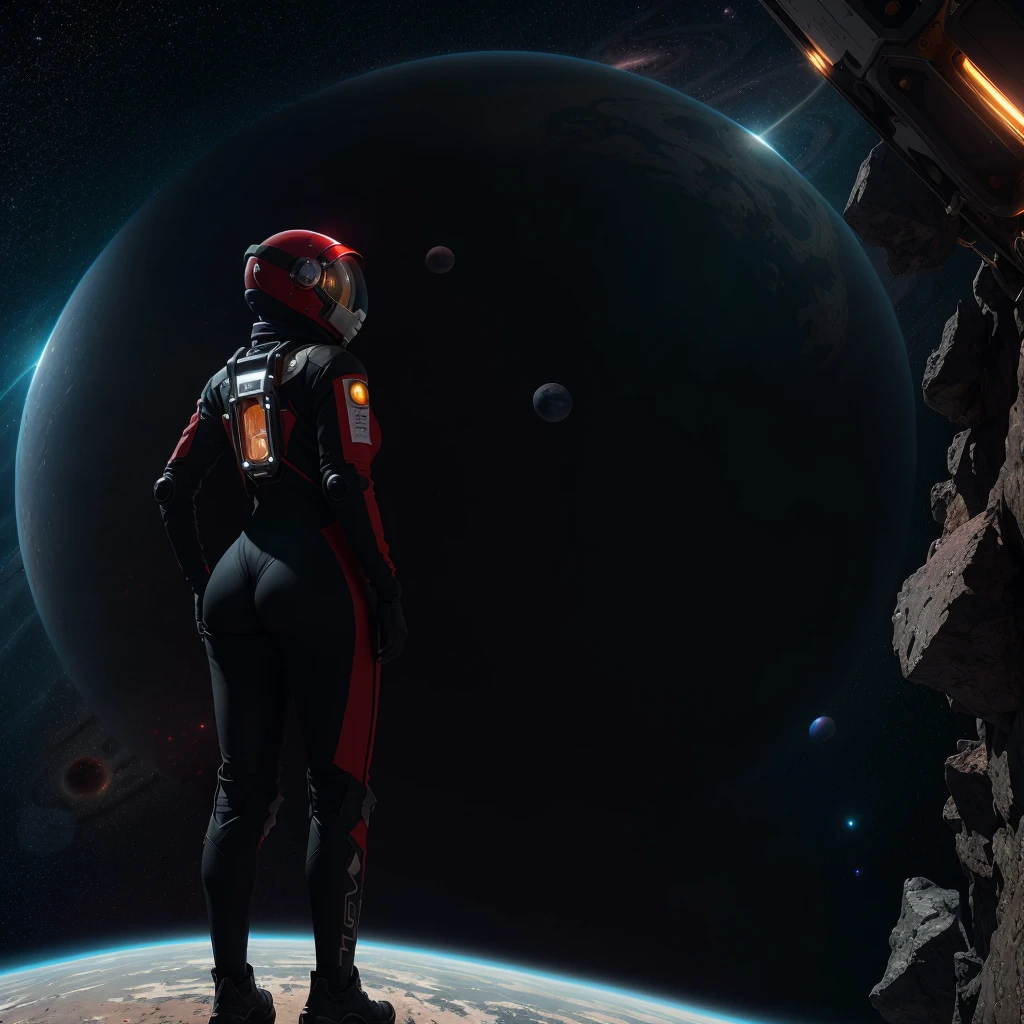 best quality, particle effect, raytracing, scening lighting, perfect lighting, masterpiece ,beautiful female space farer (((wearing a red and black full body space suit))) looking out at the horizon, pov ,8k resolution, pretty face, chubby body, voluptous, wide hips, perfect face, ((gigantic booty)), Intricately detailed cinematic film still,cute, perfect face, (highly detailed, hyperdetailed), natural lighting, , alien planet backround, purity seals, perfect eyes, full body, looking ahead, ((raytraced booty)), science fiction helmet, tinned visor helmet