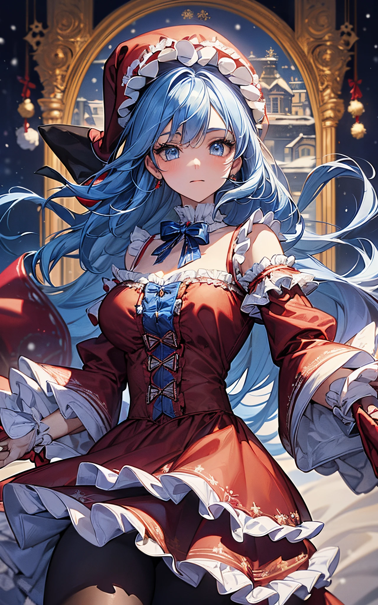 Theme is blue、Clothes are blue、Perfect human body、christmas night、(((He wore a Santa suit decorated with lots of frills.、victorian santa outfit)))、a beautiful woman、dancing in the snowy city、long skirt、hair adornments、kirakira、tights、Crowds、large hat